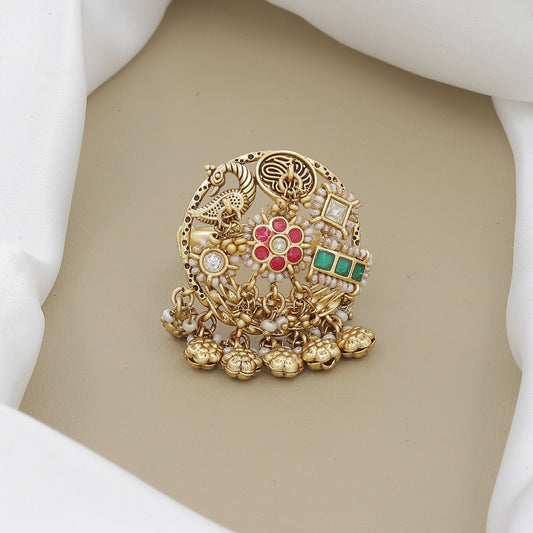 Ornate Antique Polki Ring with Peacock and Pearl Hangings