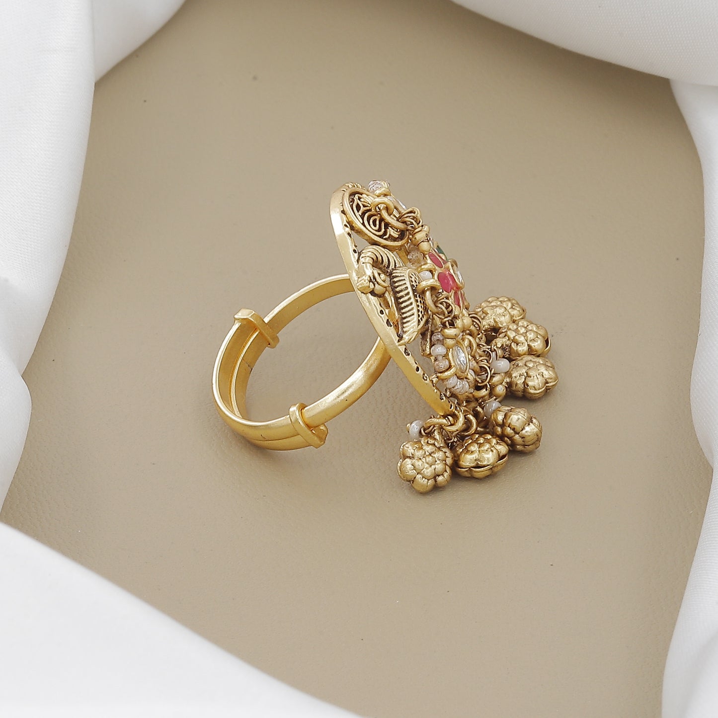 Ornate Antique Polki Ring with Peacock and Pearl Hangings