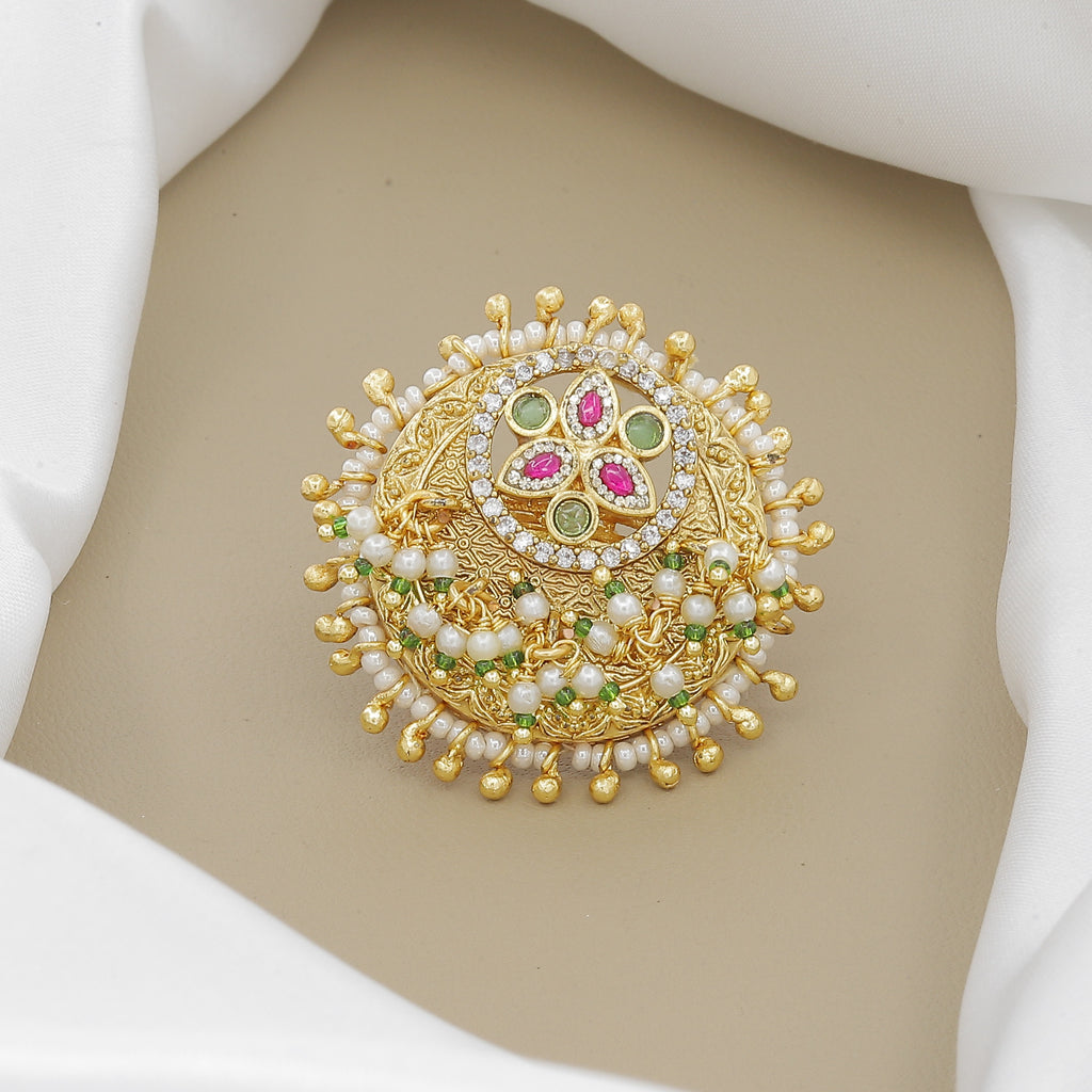 Antique Gold Plated Kundan & Ruby Finger Ring with Pearl Drops
