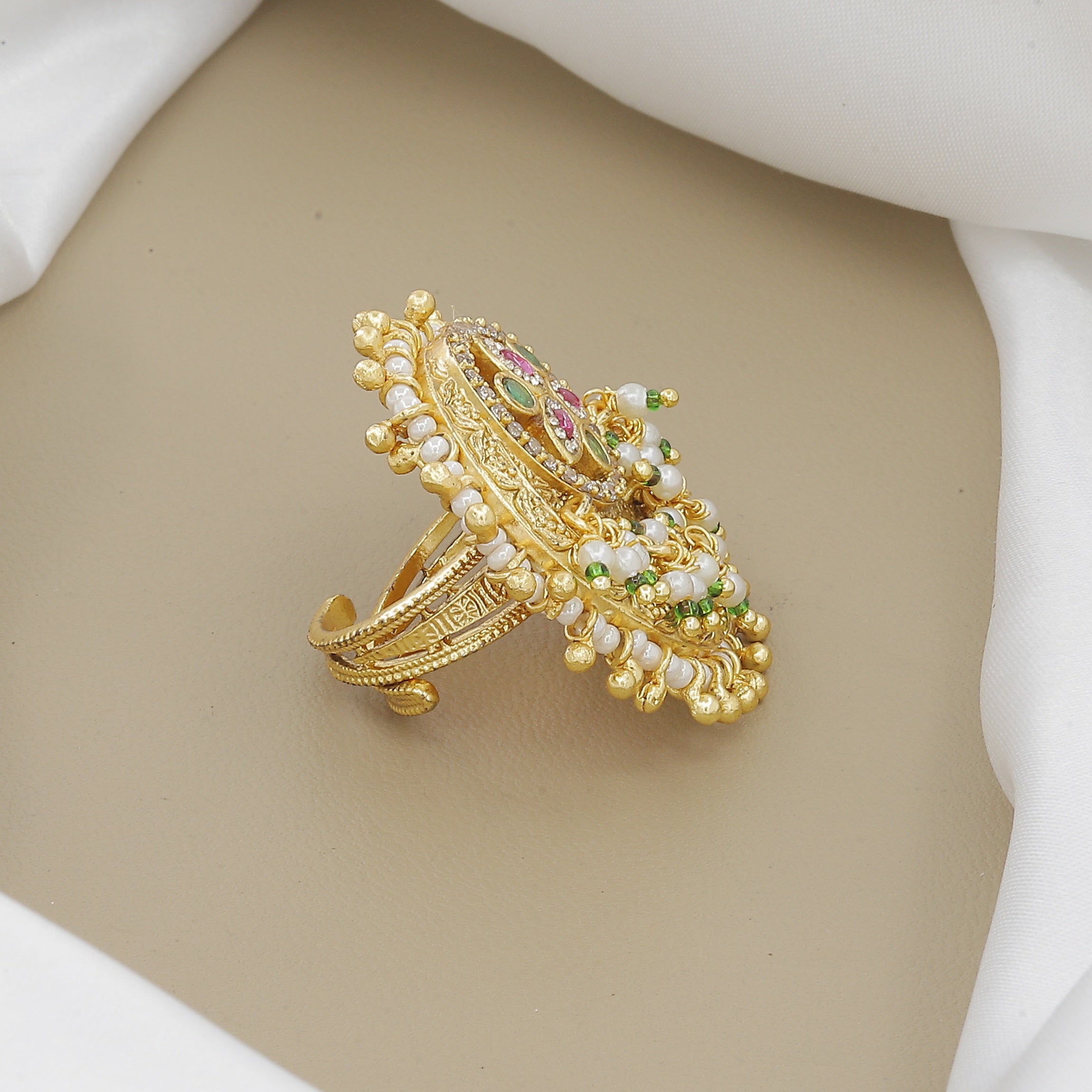 Antique Gold Plated Kundan & Ruby Finger Ring with Pearl Drops