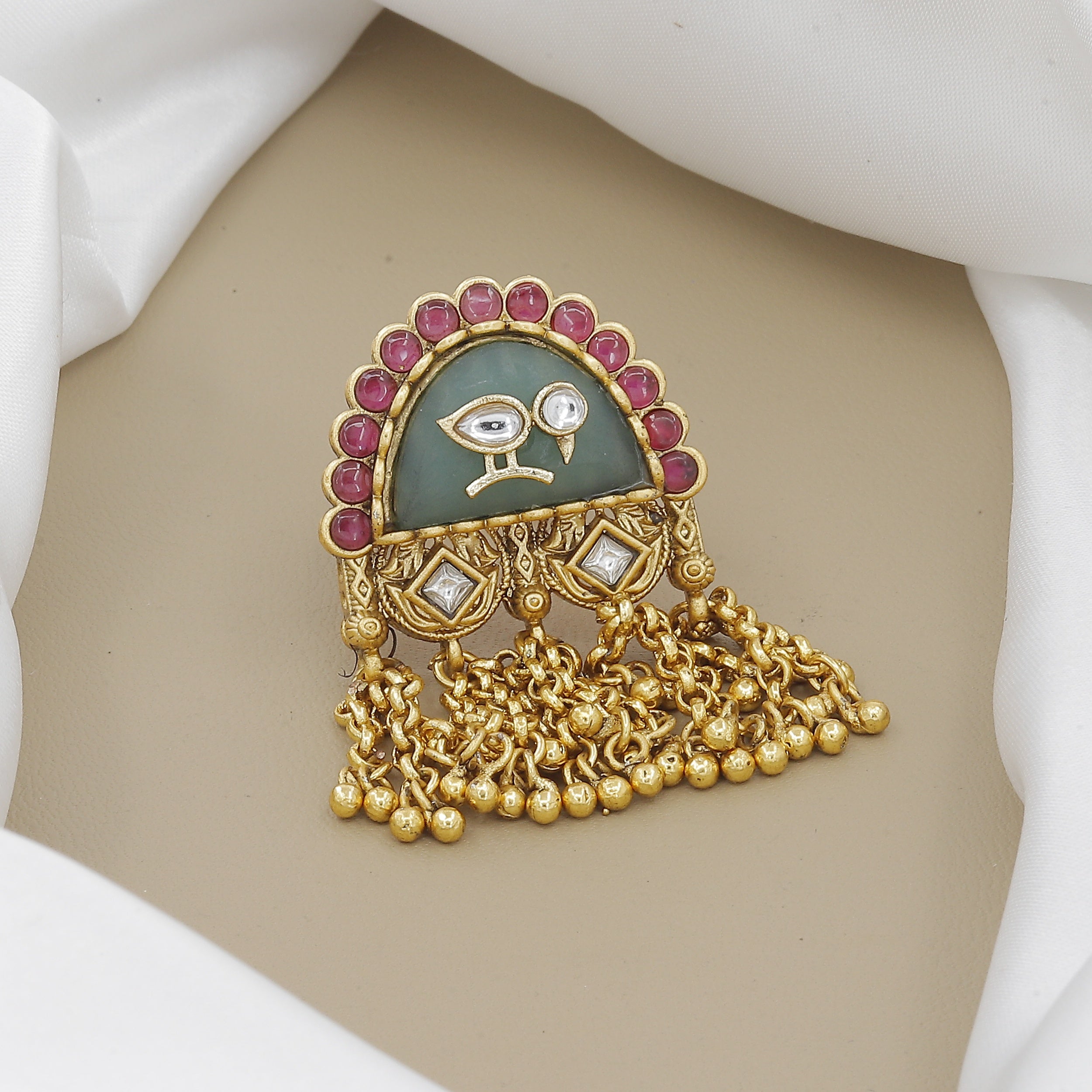 Antique Carved Green Stone Ring with Gold Chain Tassels