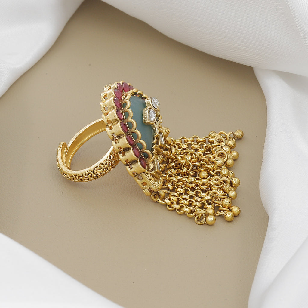 Antique Carved Green Stone Ring with Gold Chain Tassels