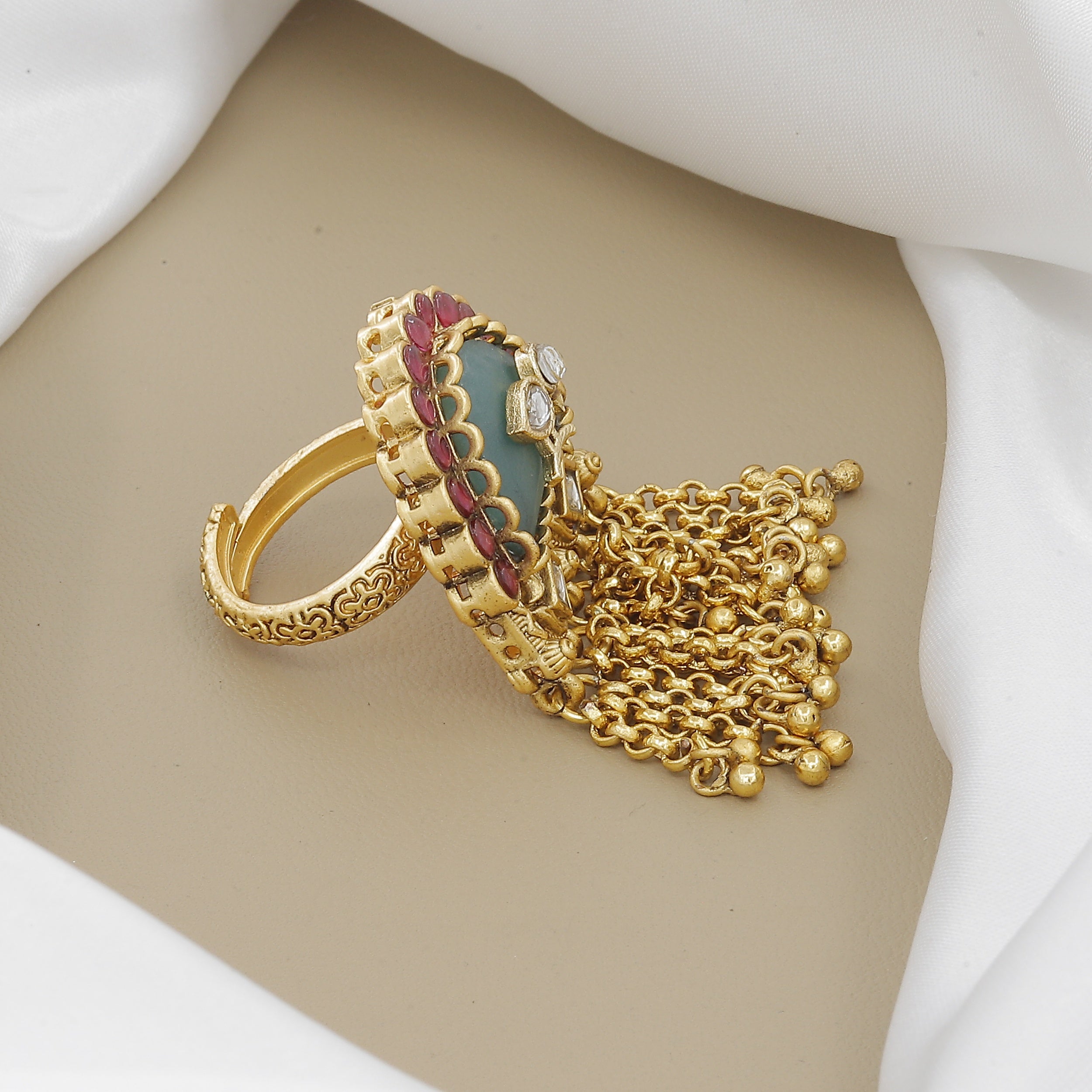 Antique Carved Green Stone Ring with Gold Chain Tassels