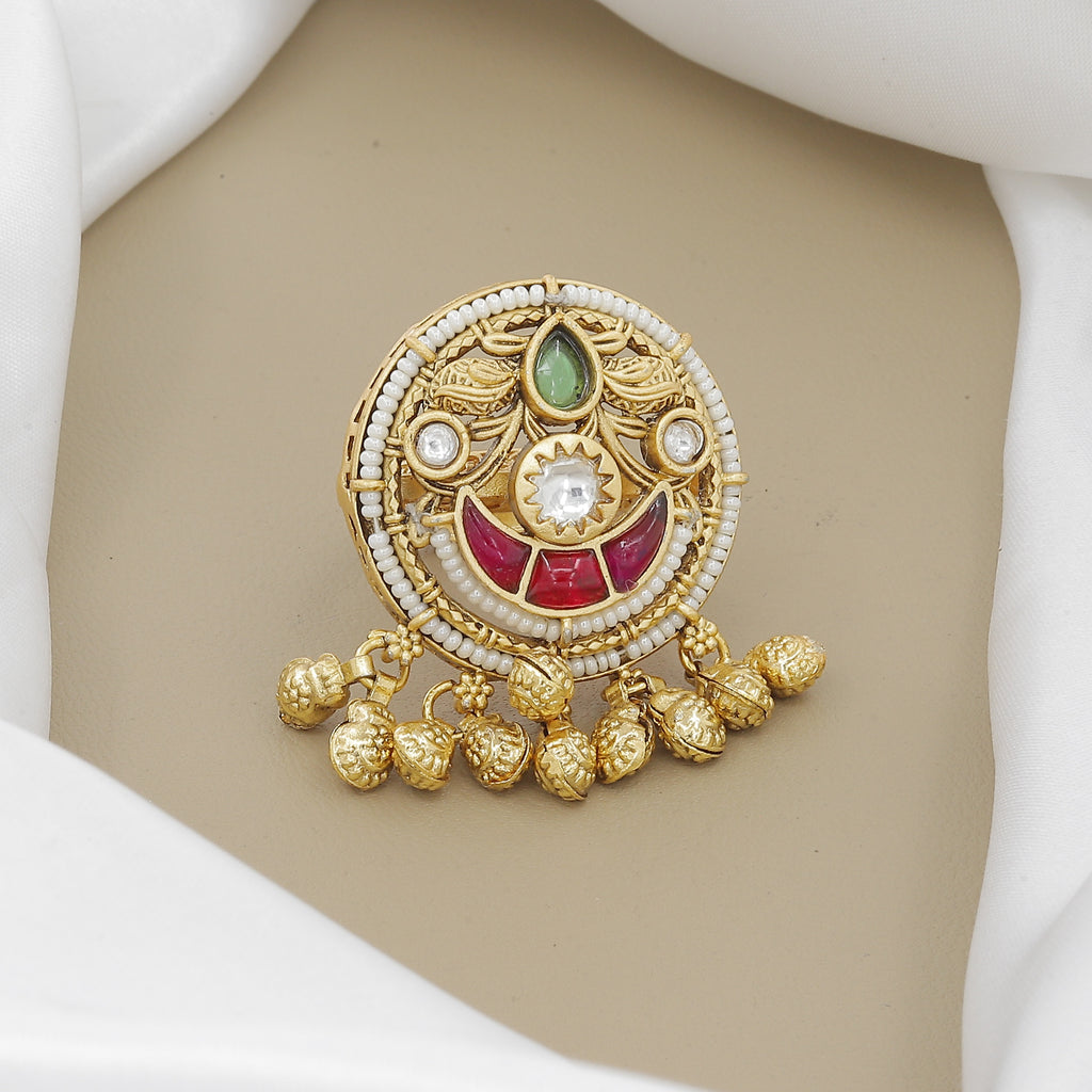 Antique Meenakari Finger Ring with Pearl Drops
