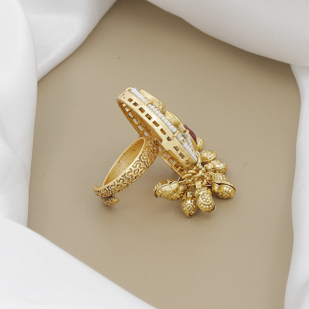 Antique Meenakari Finger Ring with Pearl Drops