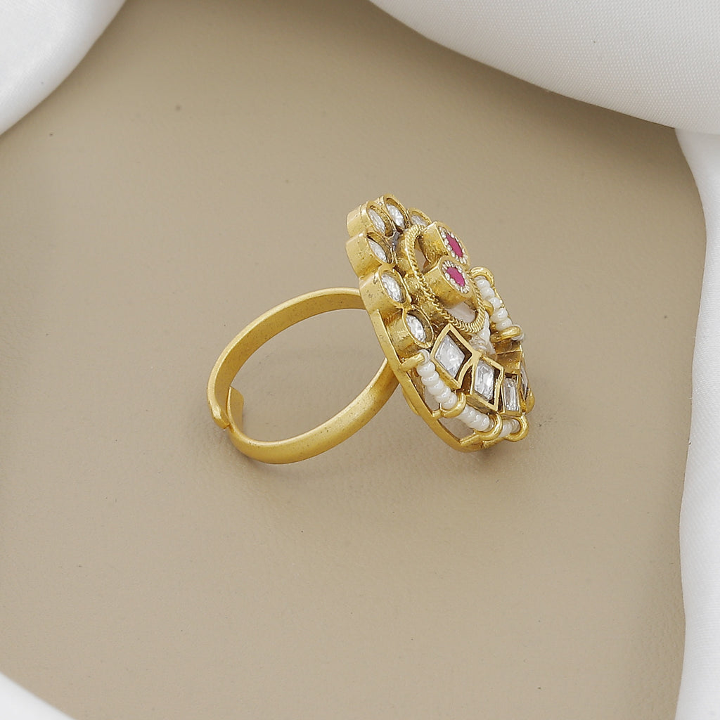 Antique Kundan Ring with Ruby, Emerald & Polki