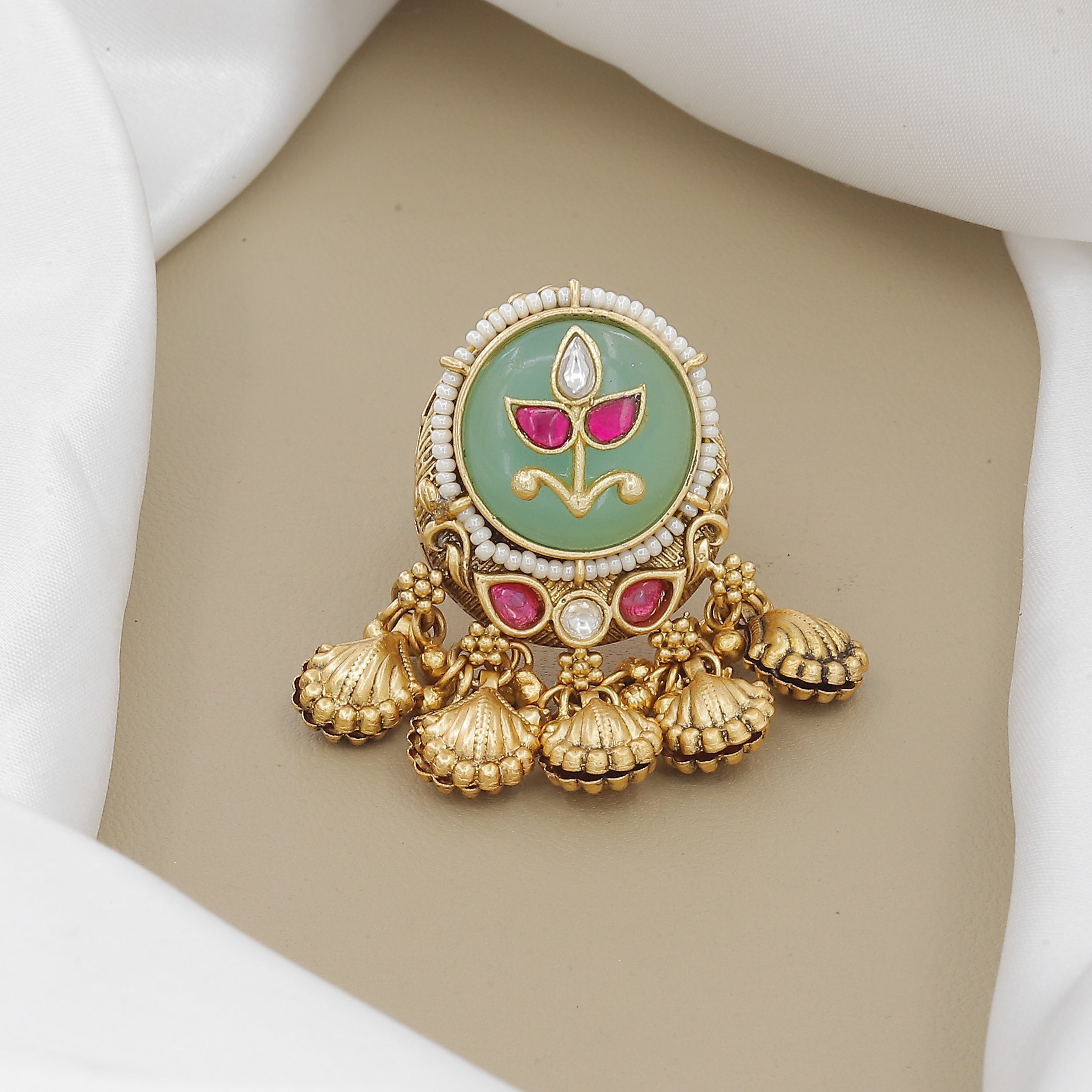 Antique Green Carved Stone Ring with Jhumka Drops