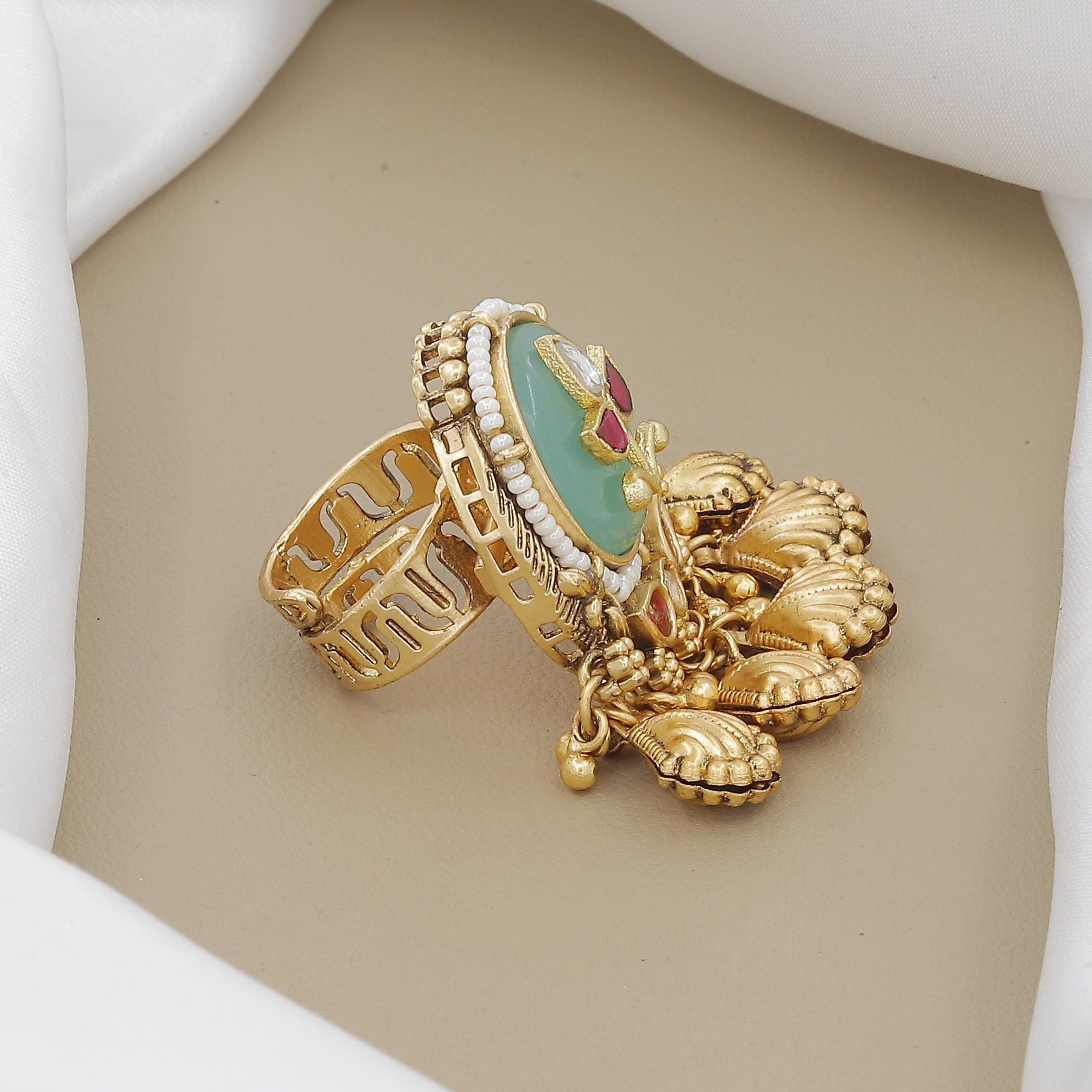 Antique Green Carved Stone Ring with Jhumka Drops