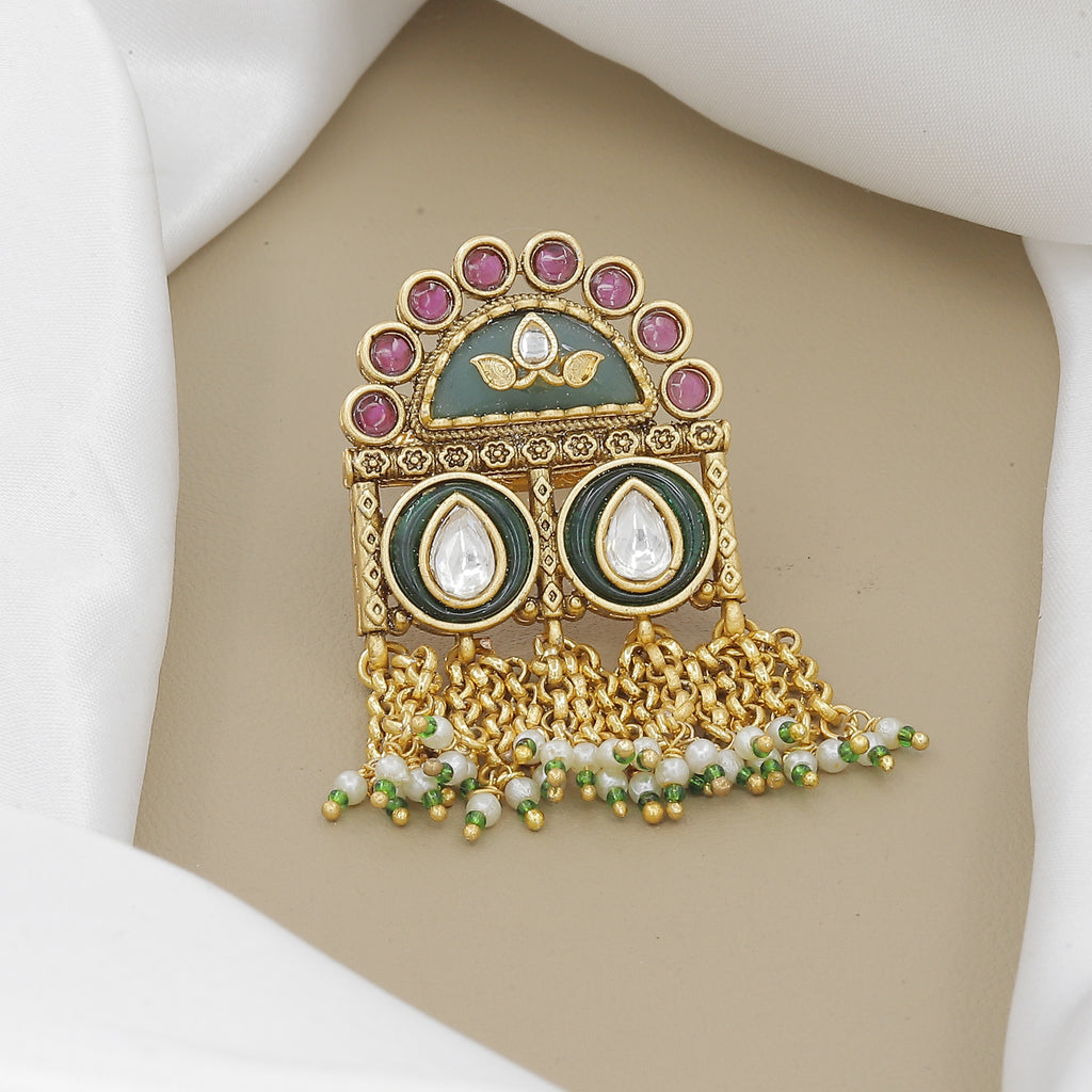 Antique Kundan Ring with Ruby, Green Enamel & Pearl Tassels