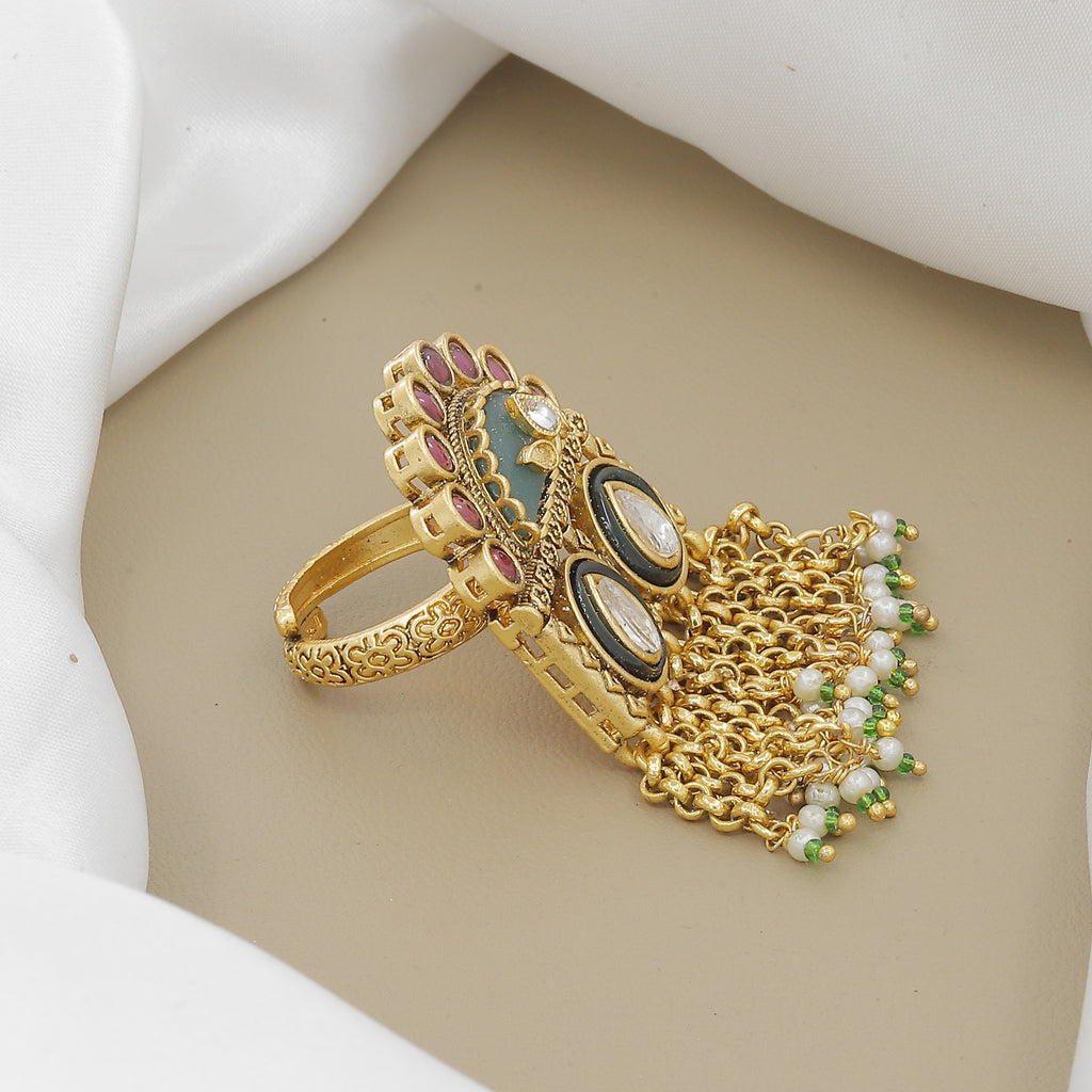 Antique Kundan Ring with Ruby, Green Enamel & Pearl Tassels
