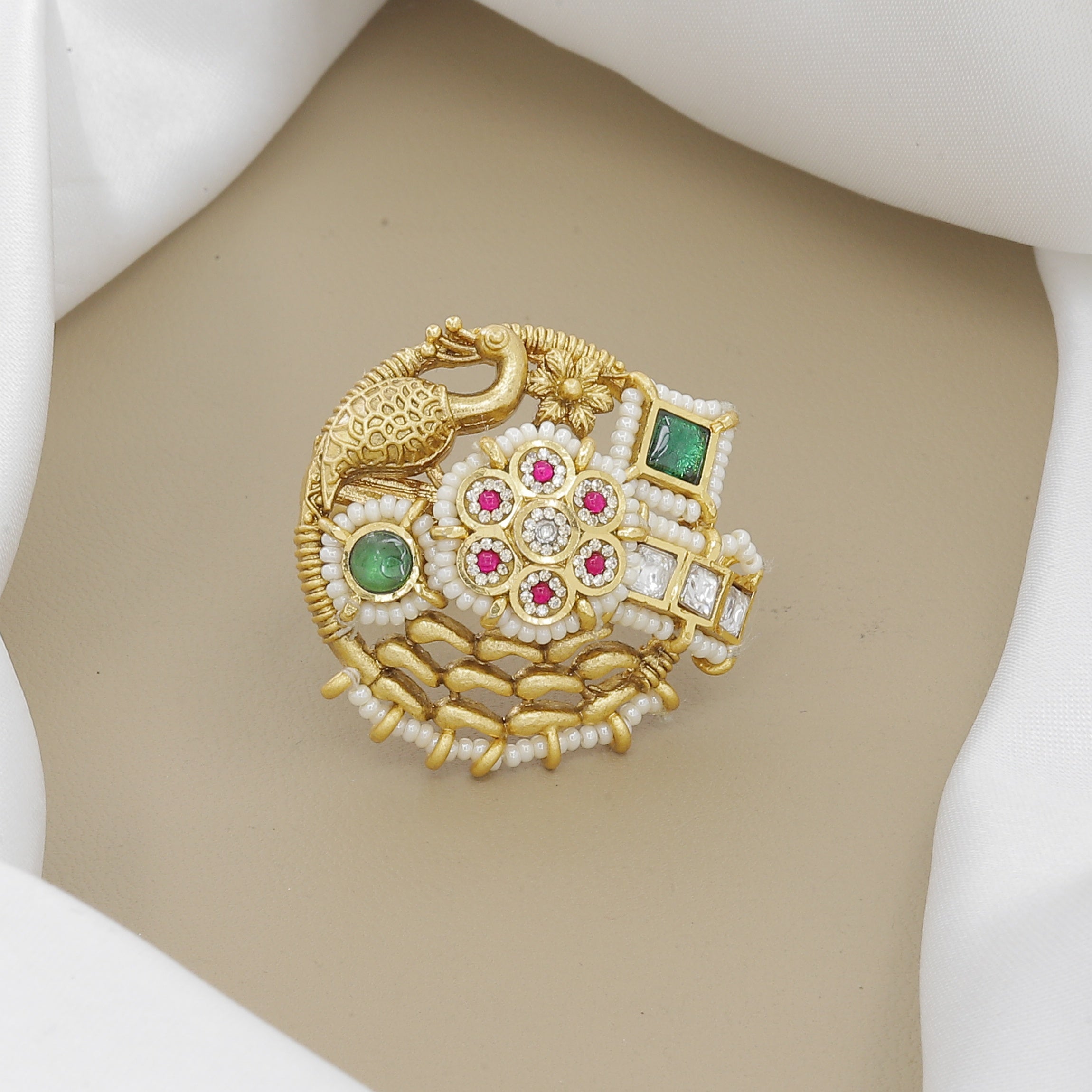 Antique Peacock Ring with Ruby, Emerald & Swarovski Diamond