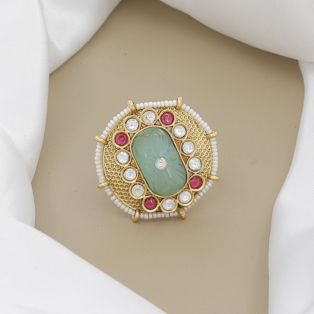 Traditional Antique Kundan Ring with Carved Gemstone