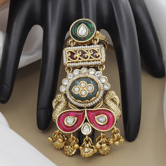 Antique Statement Ring with Kundan, Meenakari & Gold Drops