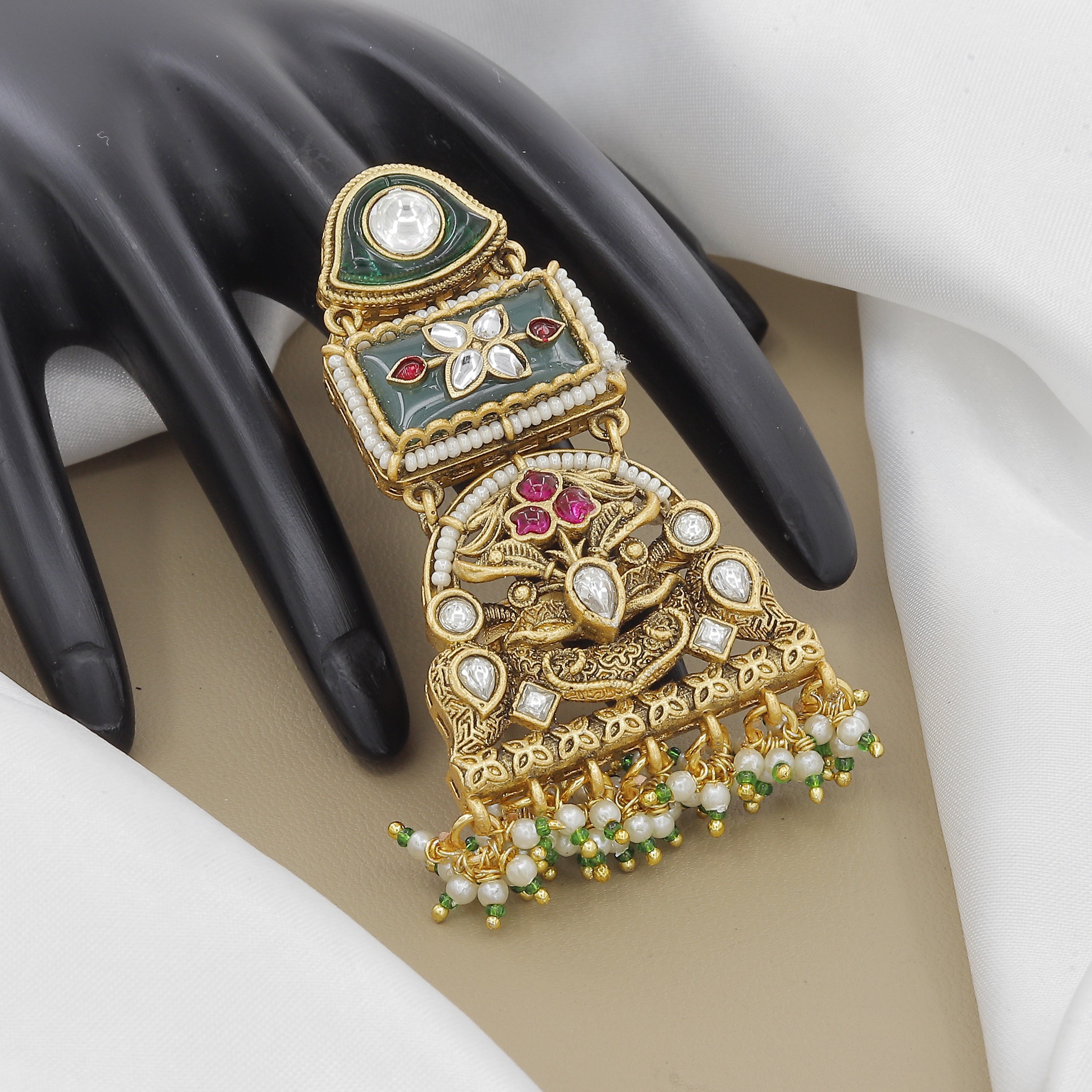 Authentic Heritage Ring with Kundan, Emerald & Ruby Stones