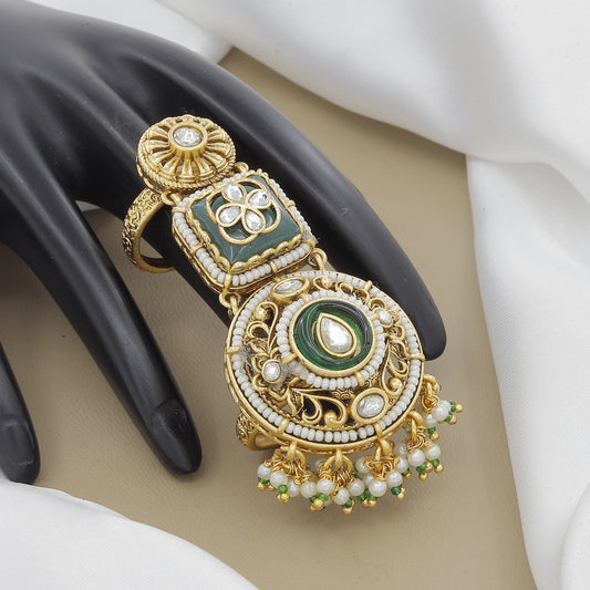 Traditional Long Finger Ring with Kundan, Emerald & Pearl Drops