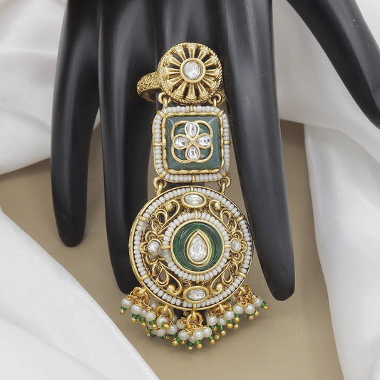 Traditional Long Finger Ring with Kundan, Emerald & Pearl Drops