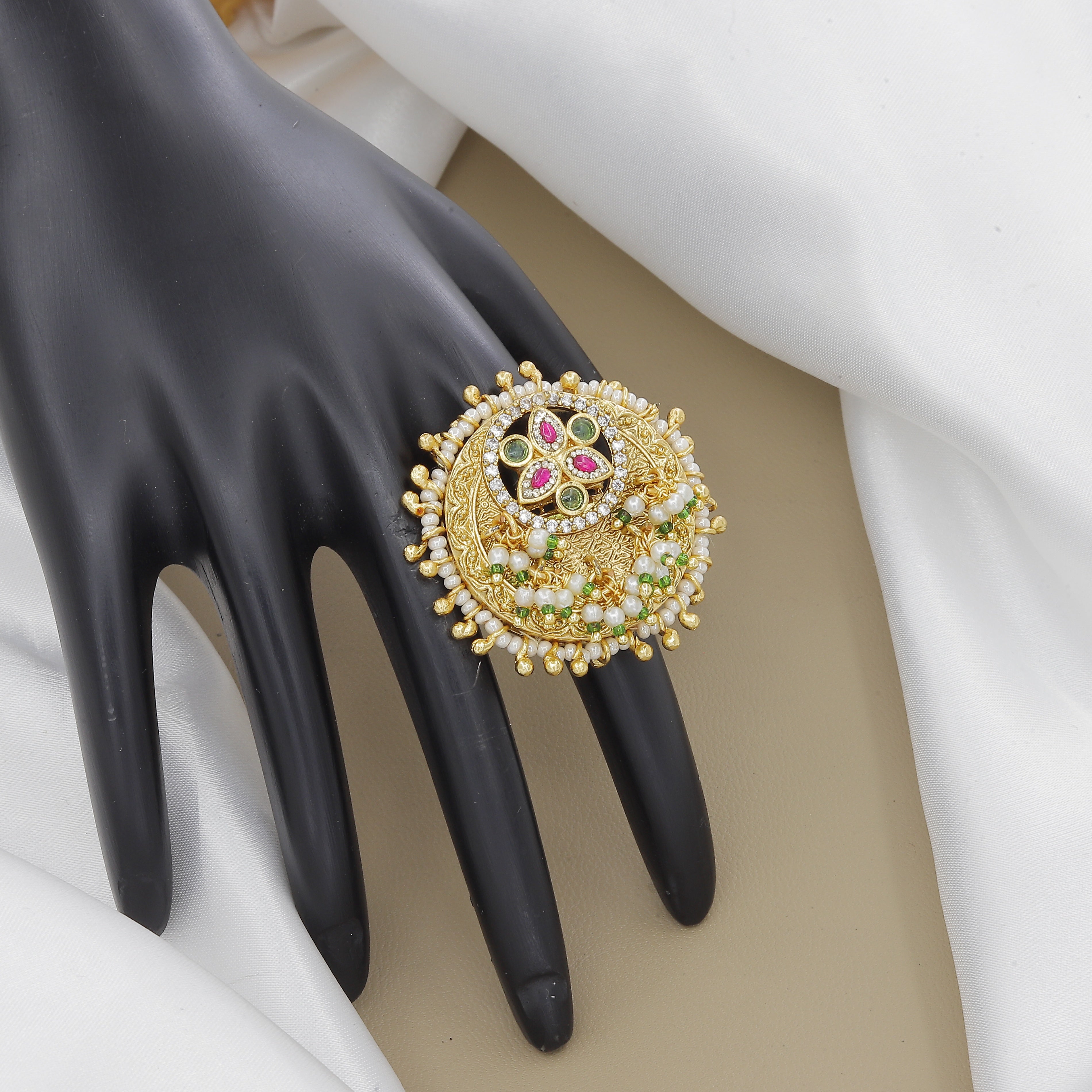 Antique Gold Plated Kundan & Ruby Finger Ring with Pearl Drops