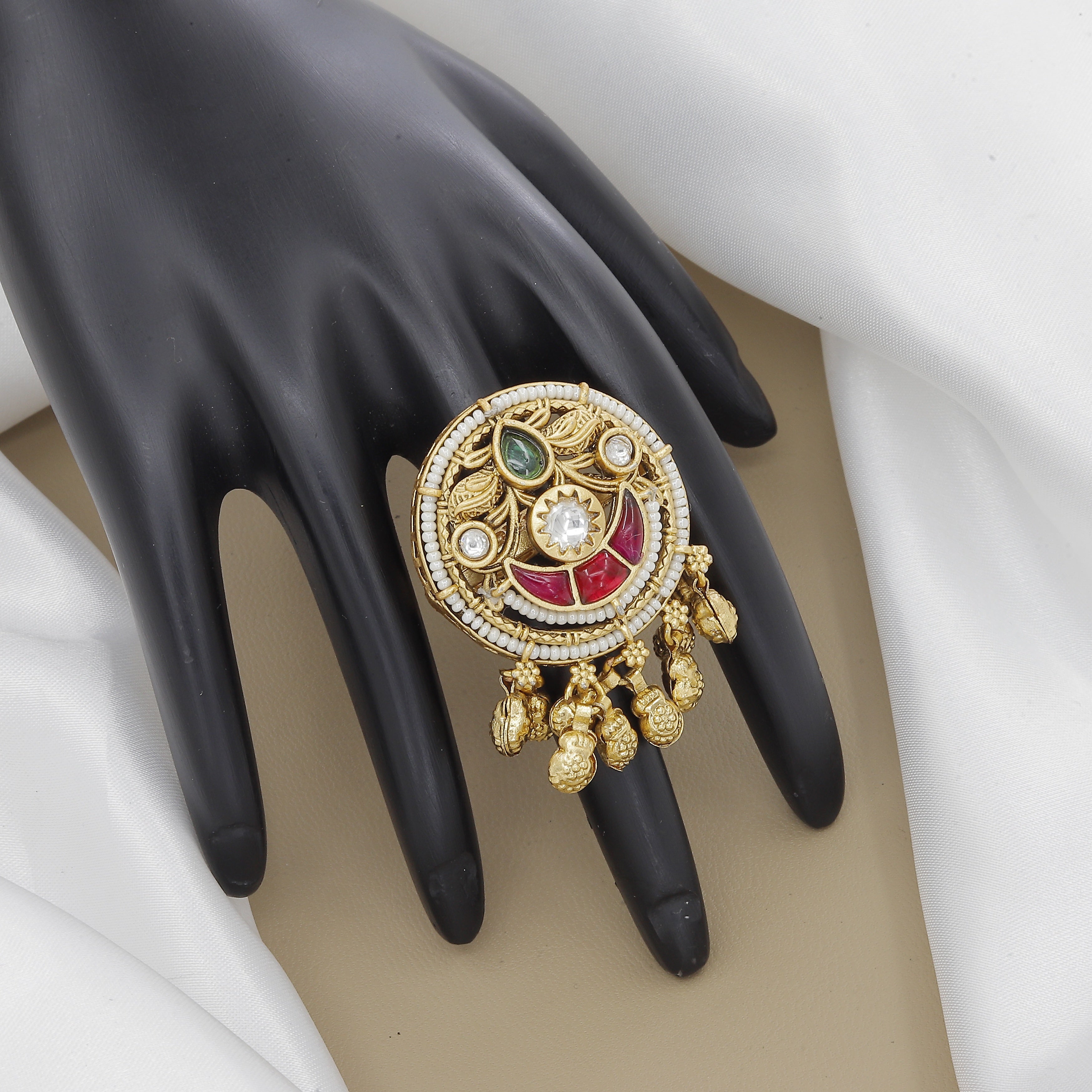 Antique Meenakari Finger Ring with Pearl Drops