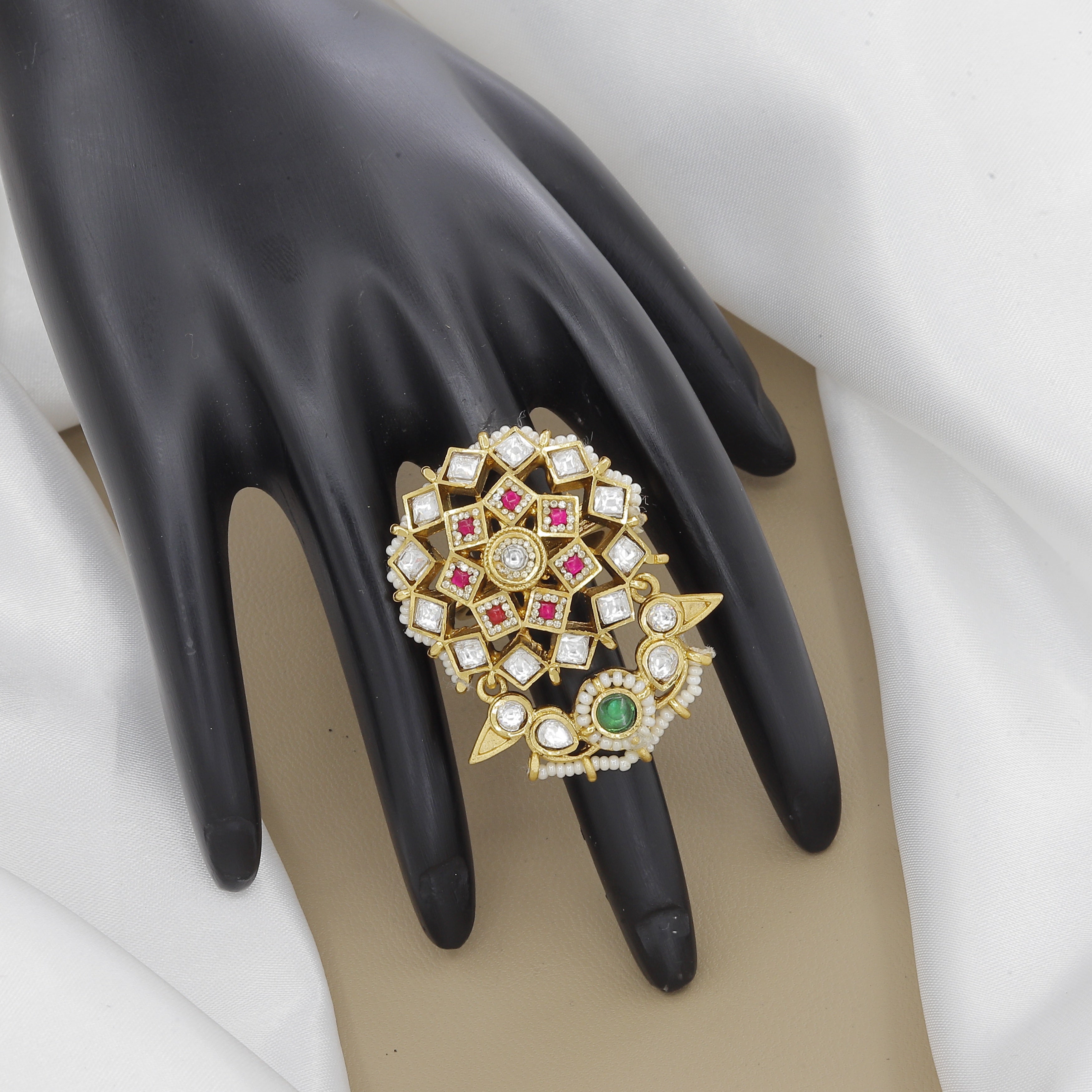 Antique Gold Plated Kundan & Ruby Finger Ring