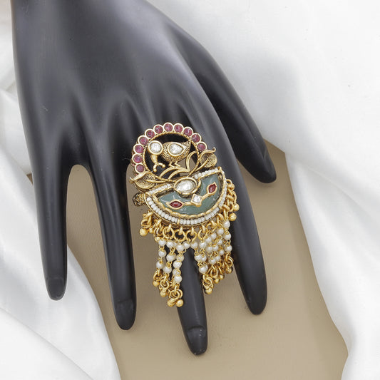 Exquisite Peacock Motif Ring with Polki & Gemstone Drops
