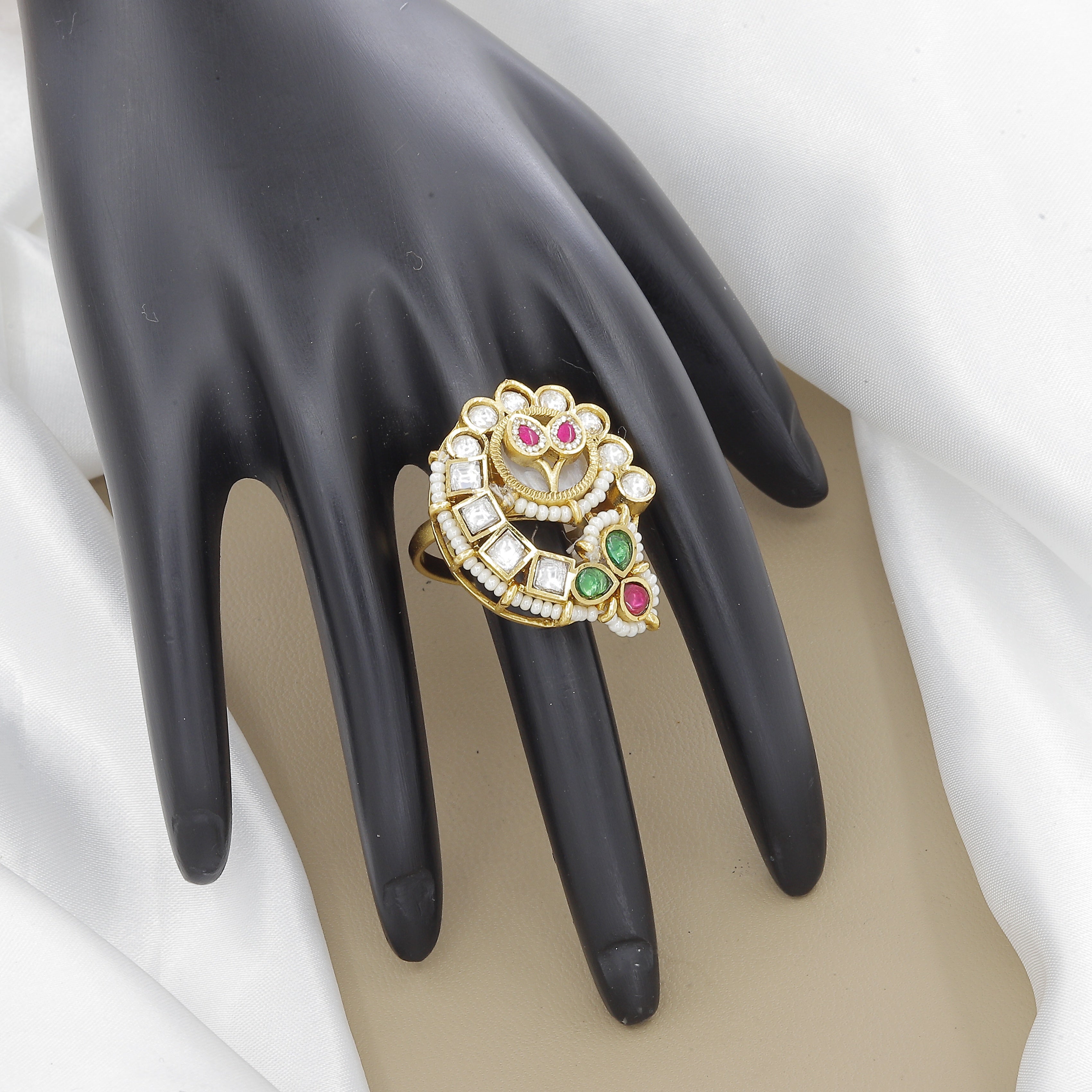 Antique Kundan Ring with Ruby, Emerald & Polki