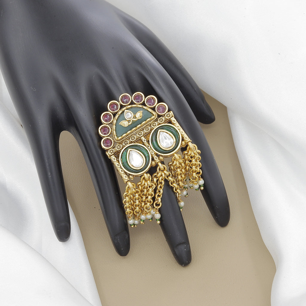 Antique Kundan Ring with Ruby, Green Enamel & Pearl Tassels