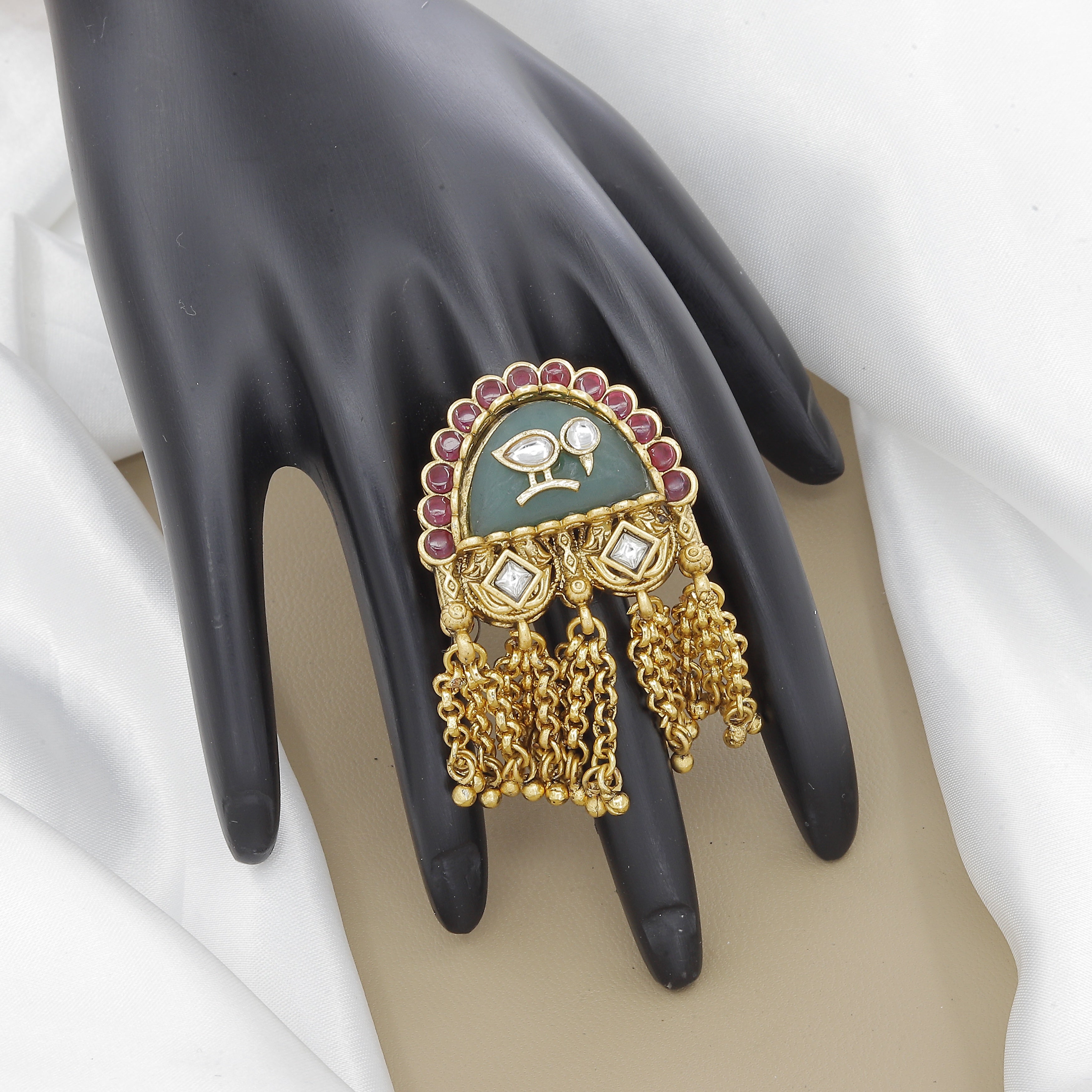 Antique Carved Green Stone Ring with Gold Chain Tassels