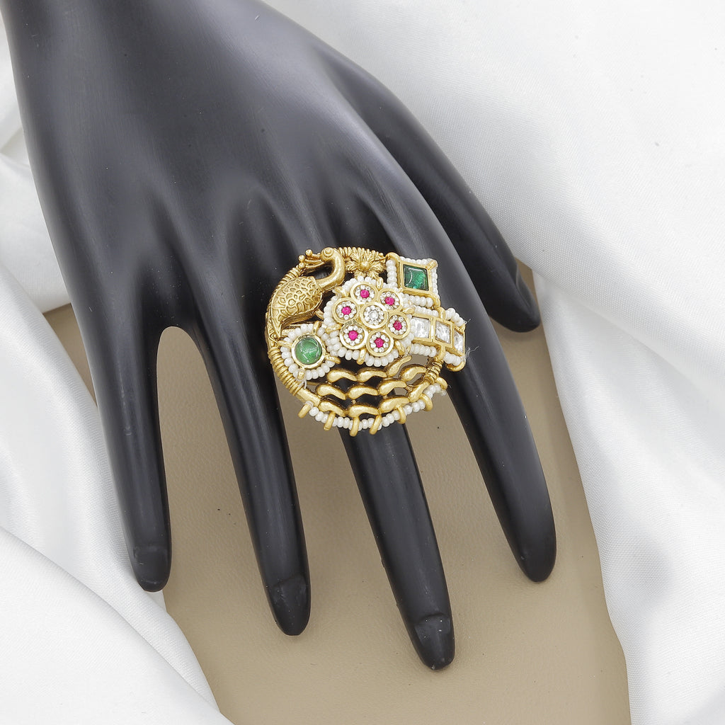 Antique Peacock Ring with Ruby, Emerald & Swarovski Diamond