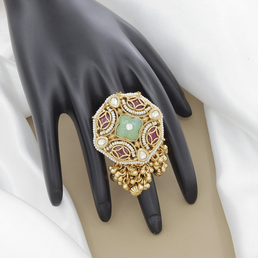 Antique Ruby & Polki Ring with Carved Green Stone & Jhumkas