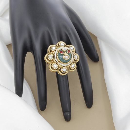 Antique Floral Polki Ring with Carved Green Stone