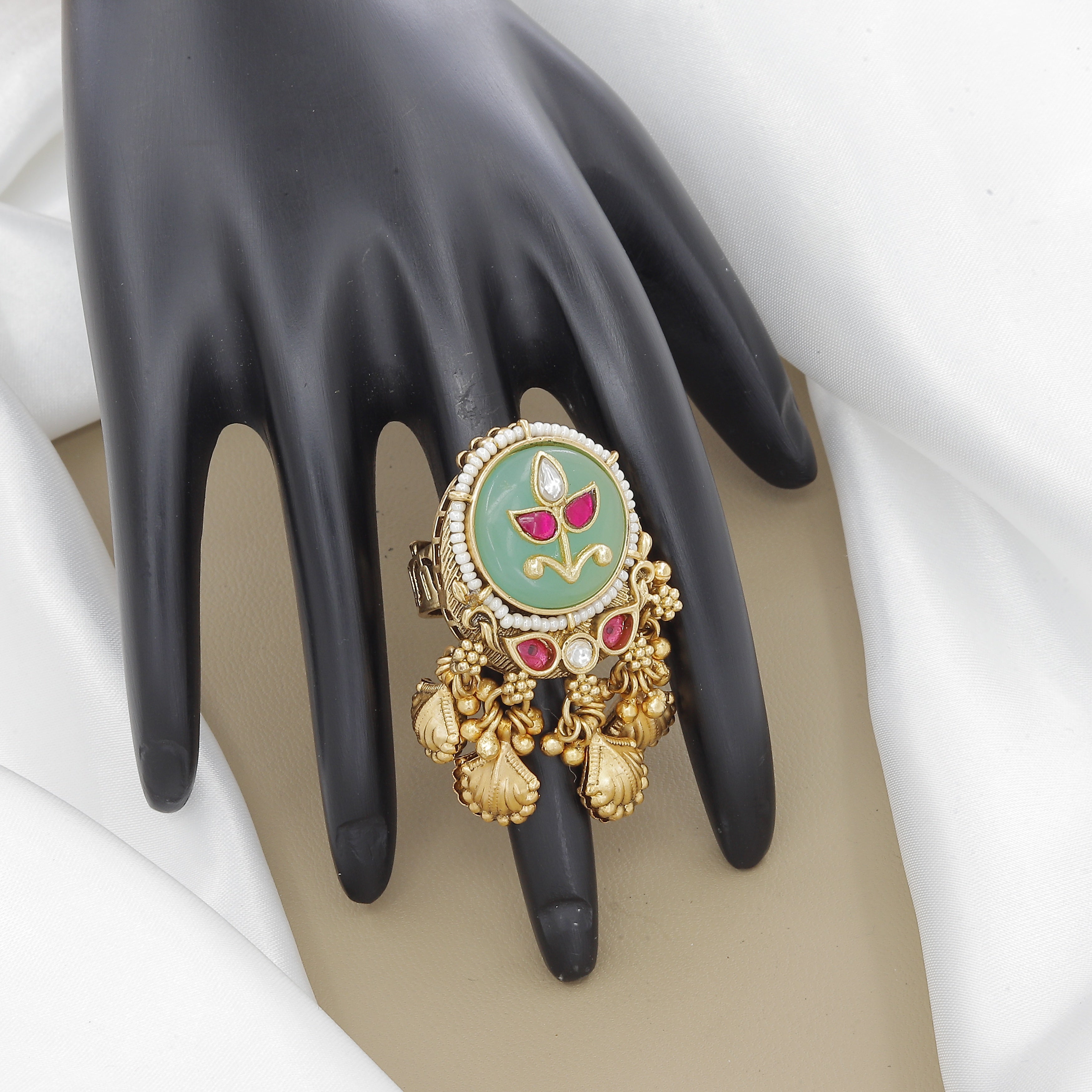 Antique Green Carved Stone Ring with Jhumka Drops