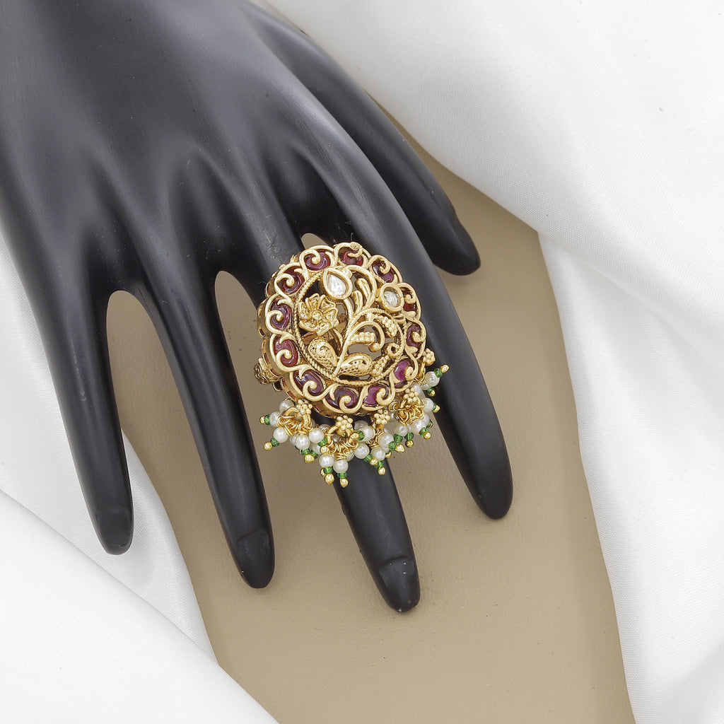 Antique Gold-Plated Floral Ring with Ruby & Polki Stones