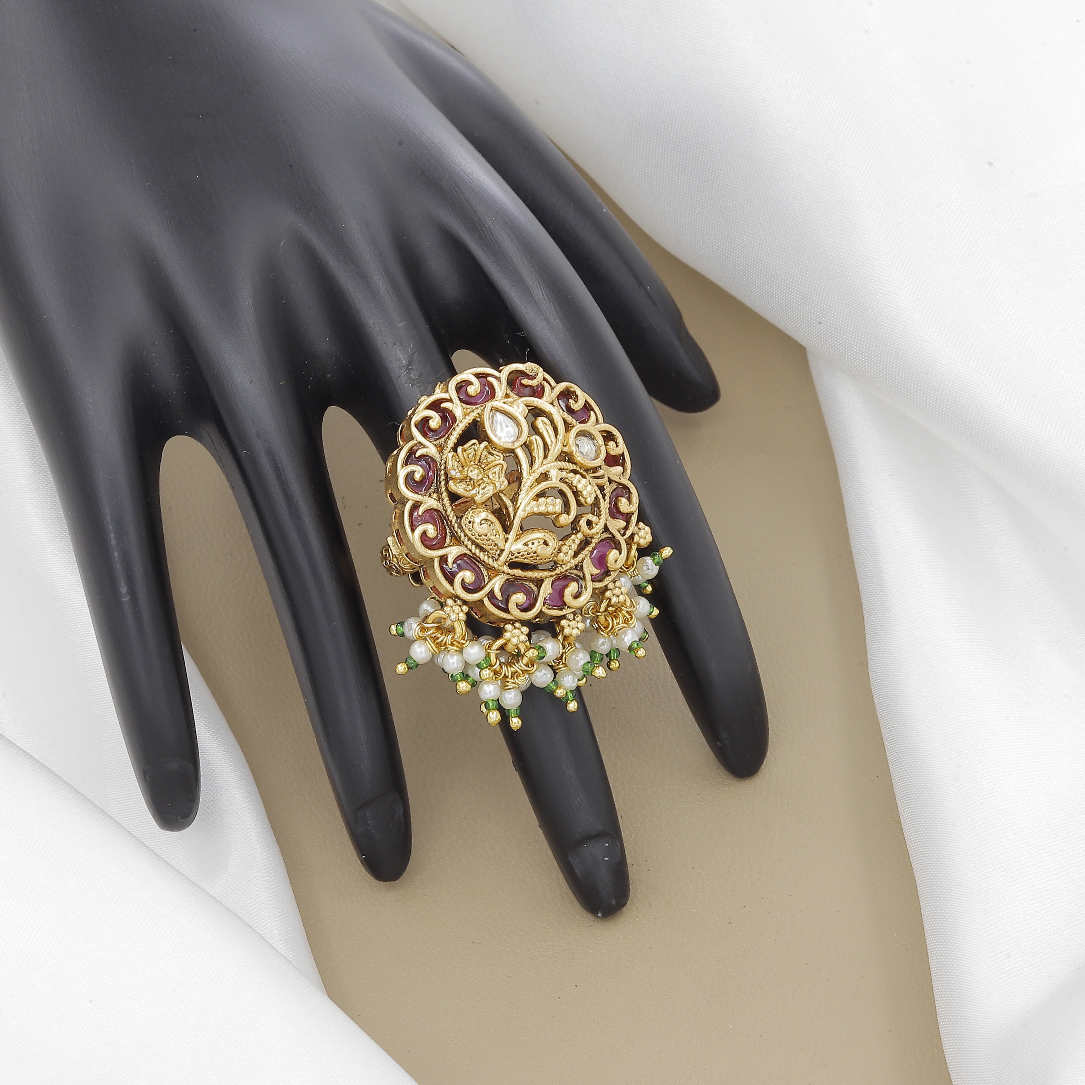 Antique Gold-Plated Floral Ring with Ruby & Polki Stones
