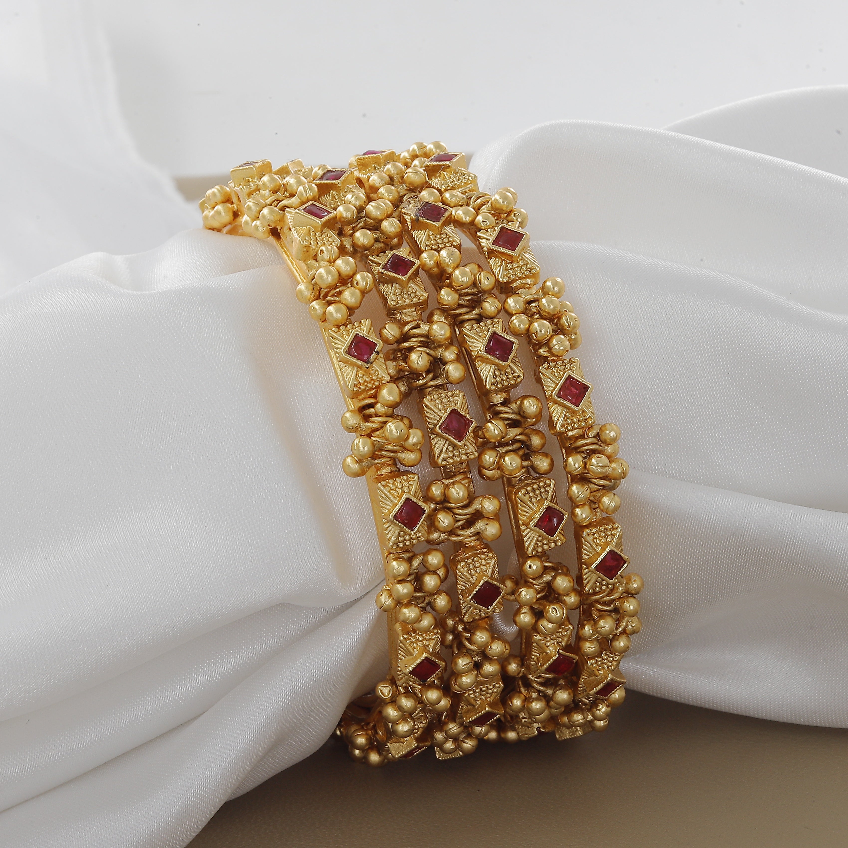 Traditional Antique Ghughri Bangle Set with Ruby Stones