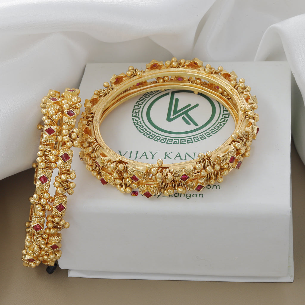 Traditional Antique Ghughri Bangle Set with Ruby Stones