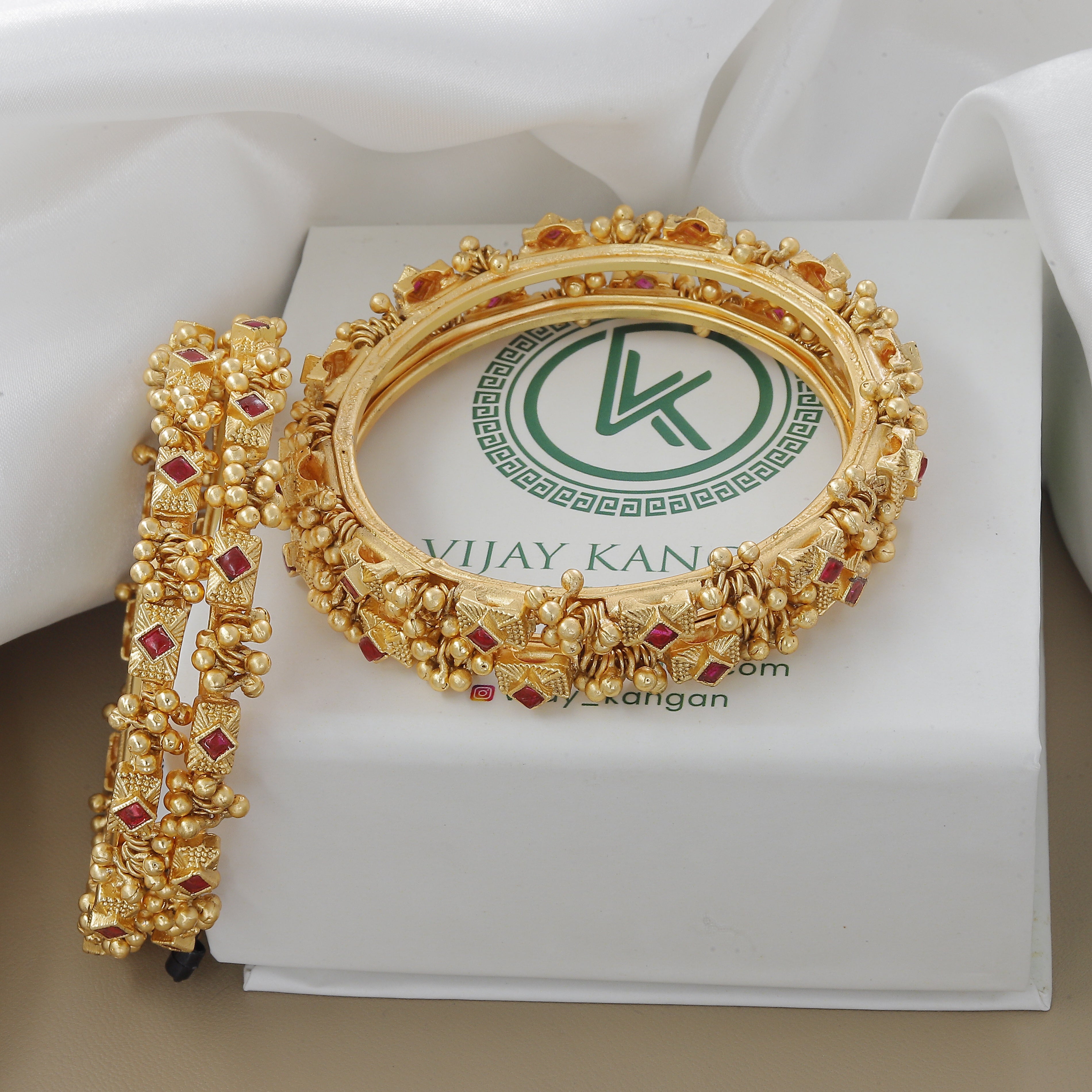 Traditional Antique Ghughri Bangle Set with Ruby Stones