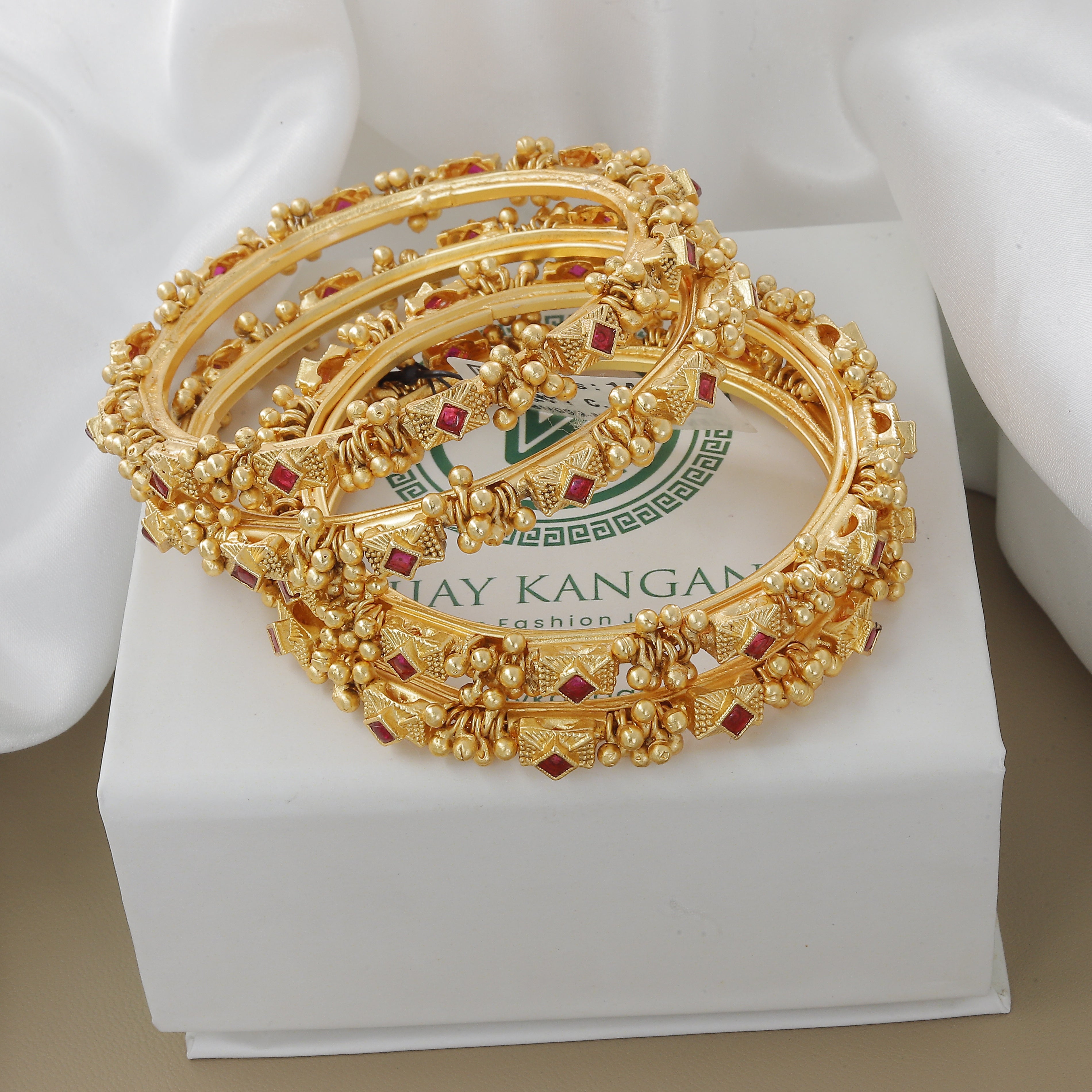 Traditional Antique Ghughri Bangle Set with Ruby Stones