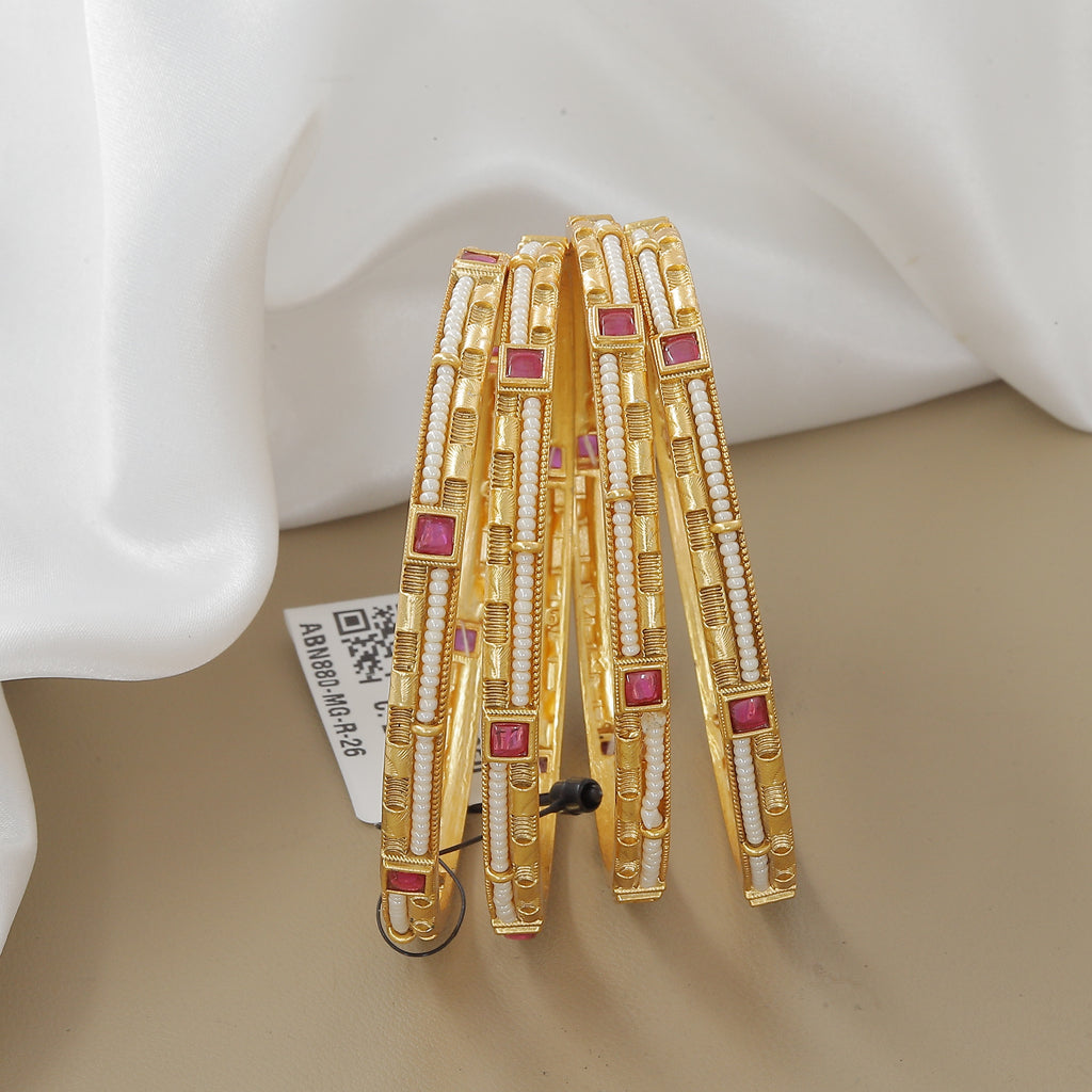 Elegant Antique Set of 4 Bangle Set with Ruby and Pearl Accents