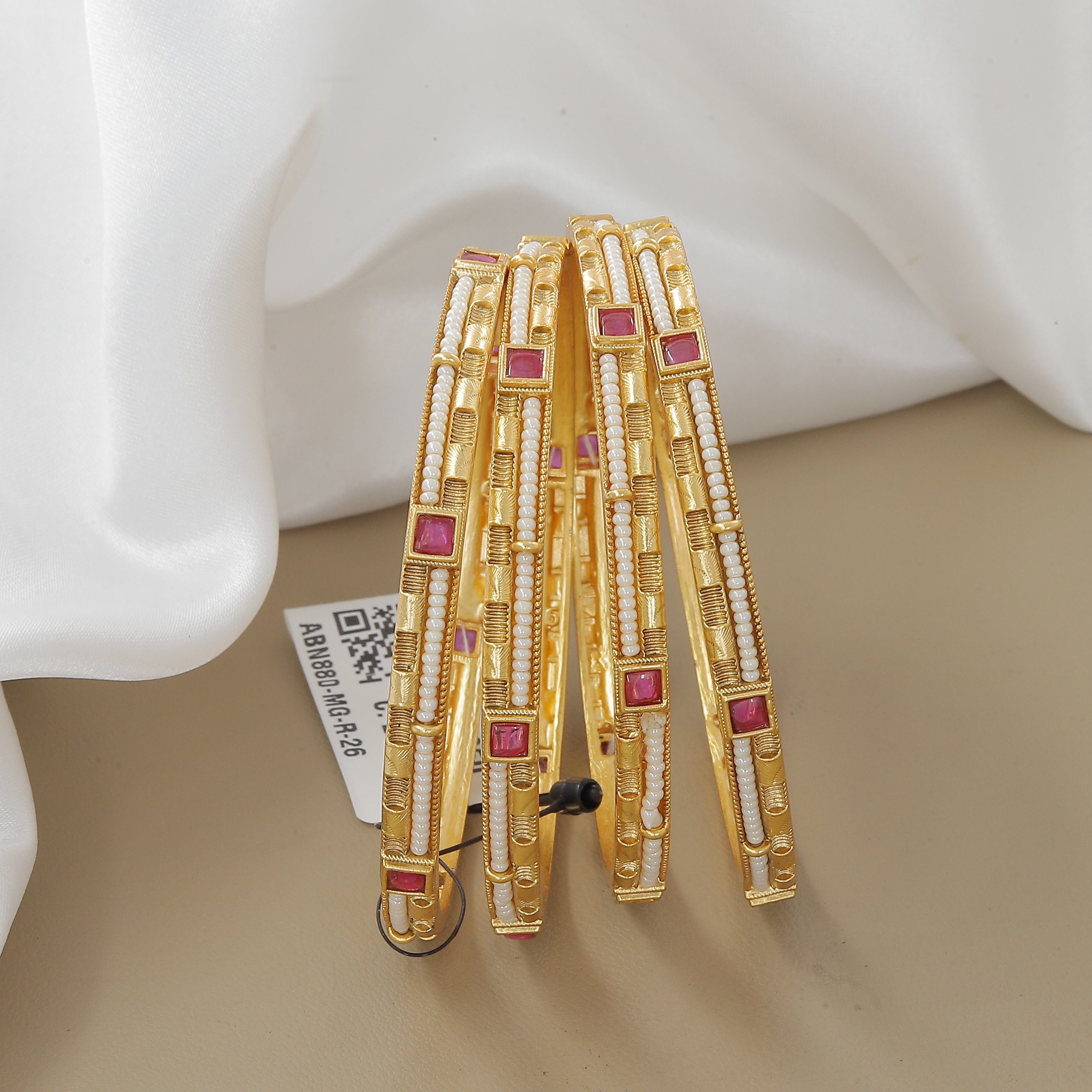 Elegant Antique Set of 4 Bangle Set with Ruby and Pearl Accents