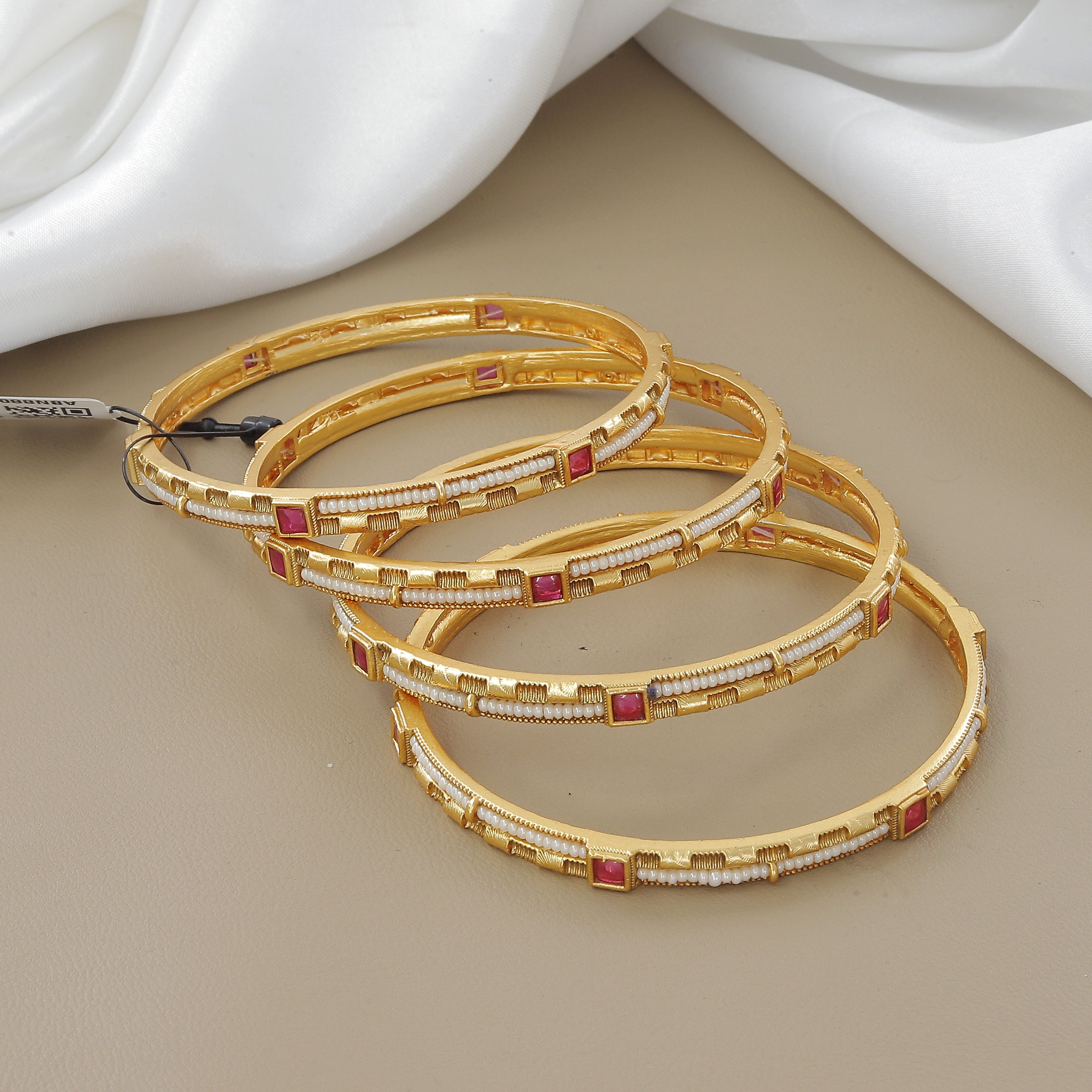 Elegant Antique Set of 4 Bangle Set with Ruby and Pearl Accents