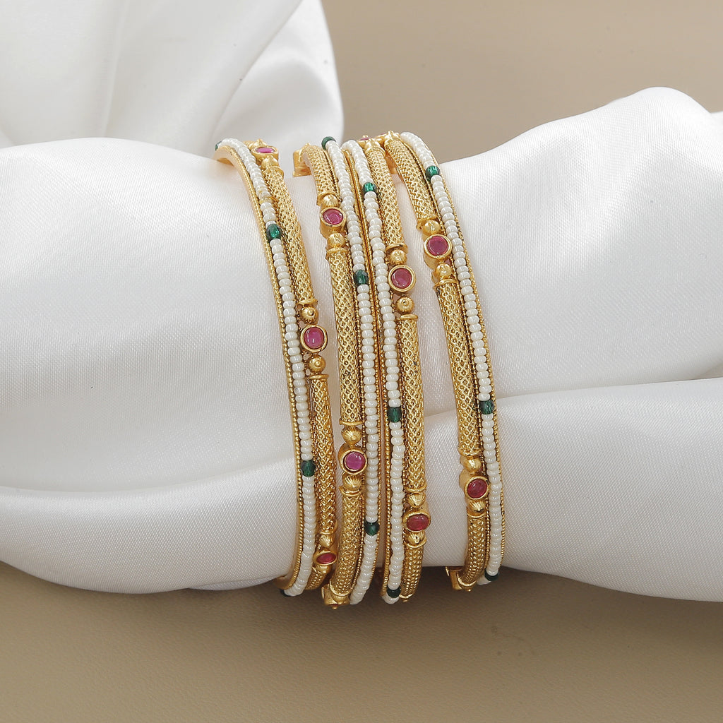 Antique Indian Set Of 4 Bangles with Moti, Ruby & Emerald