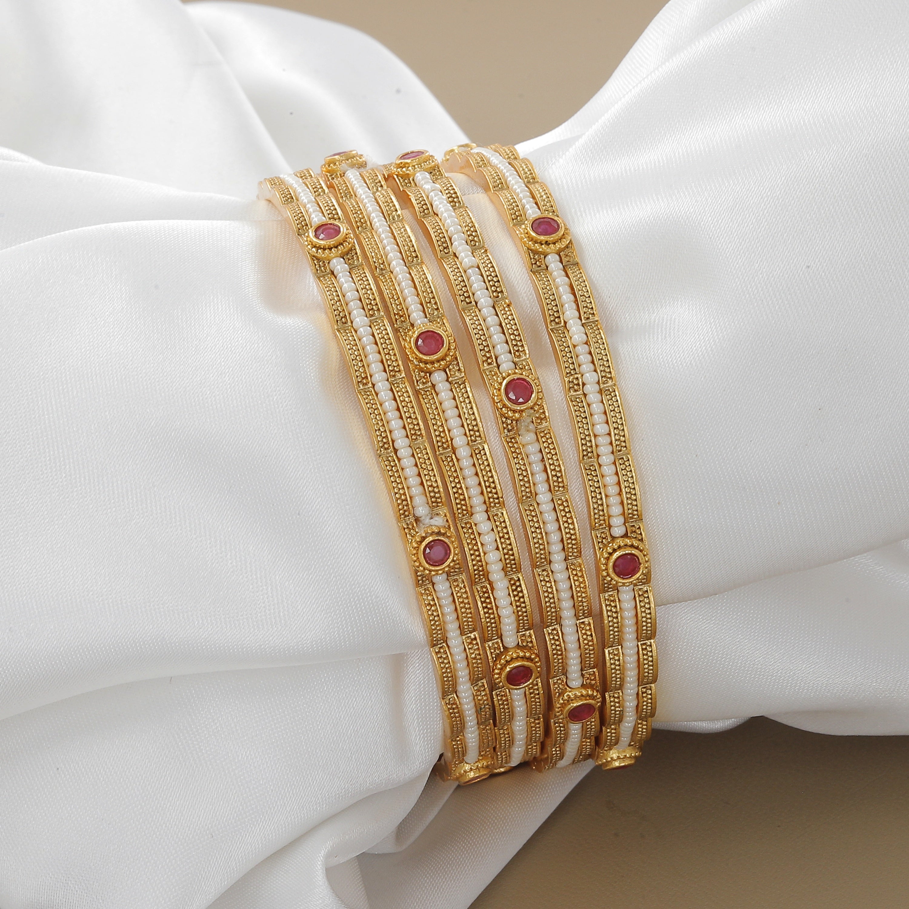 Antique Gold Set Of 4 Bangle Set with Ruby and Pearl Detailing