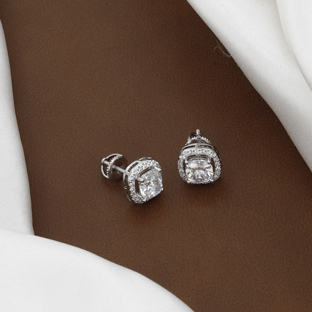 Silver Tone Cubic Zirconia Square Halo Stud Earrings
