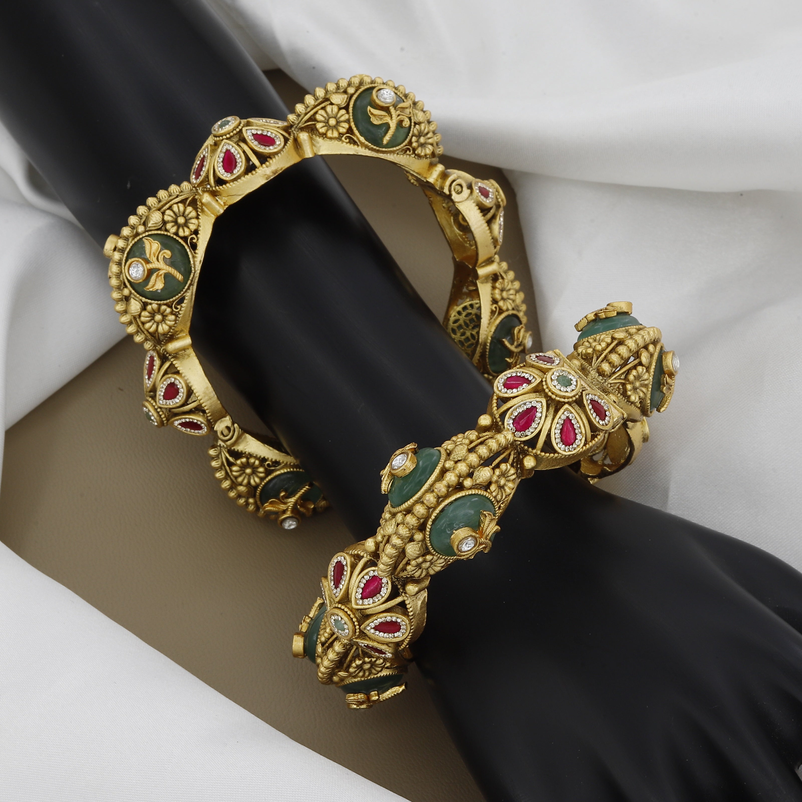 Traditional Gold Toned Patla Set with Ruby and Emerald Accents