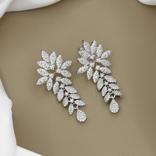 Silver-Toned Zirconia Leaf Necklace and Earring Set