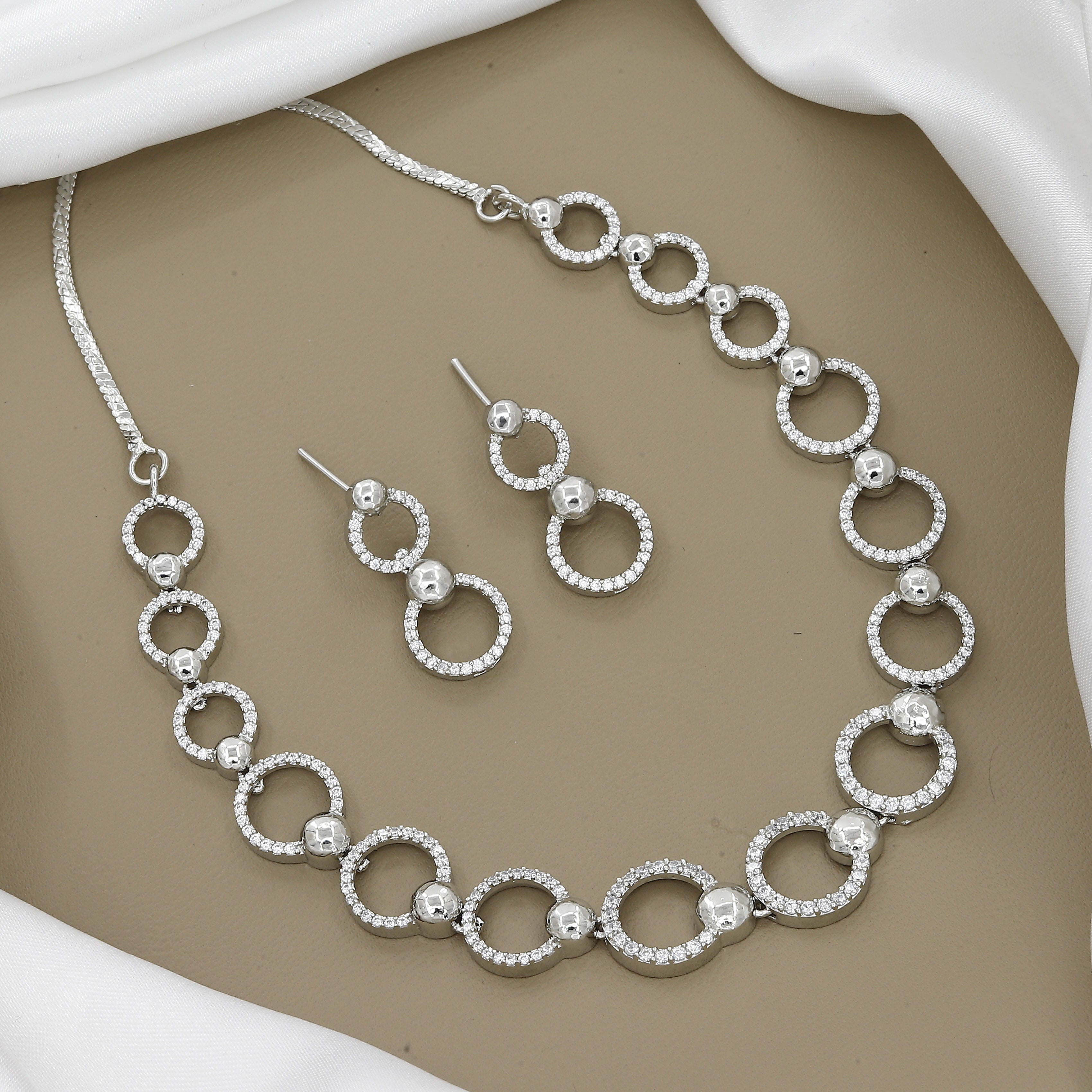 Sparkling Silver-Toned Zirconia Circle Necklace and Earring Set