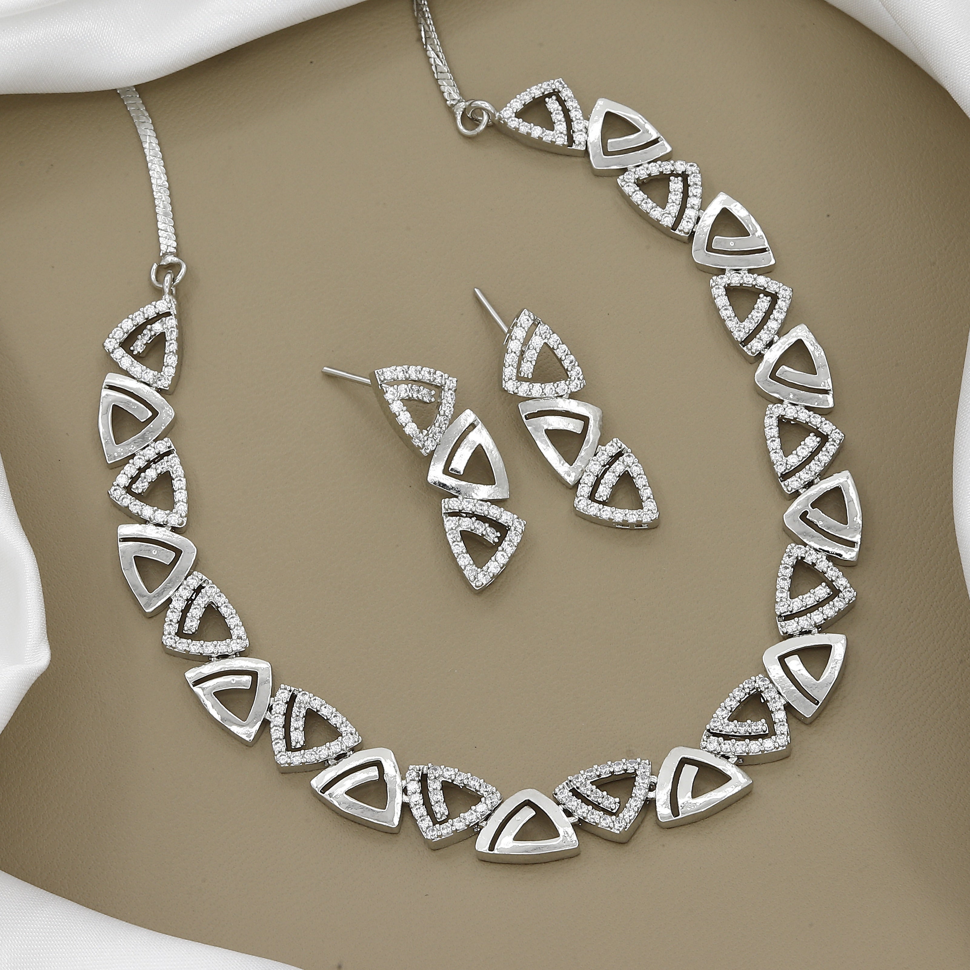 Geometric Triangle Zirconia Necklace and Earring Set