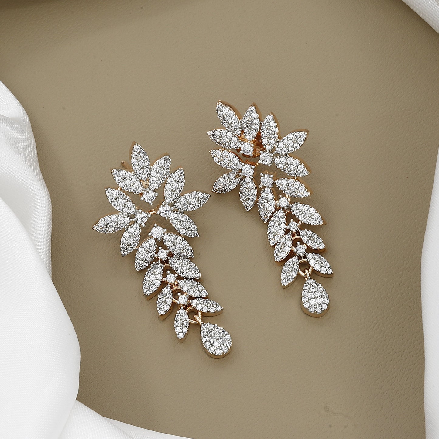 Rose Gold-Toned Zirconia Leaf Necklace and Earring Set