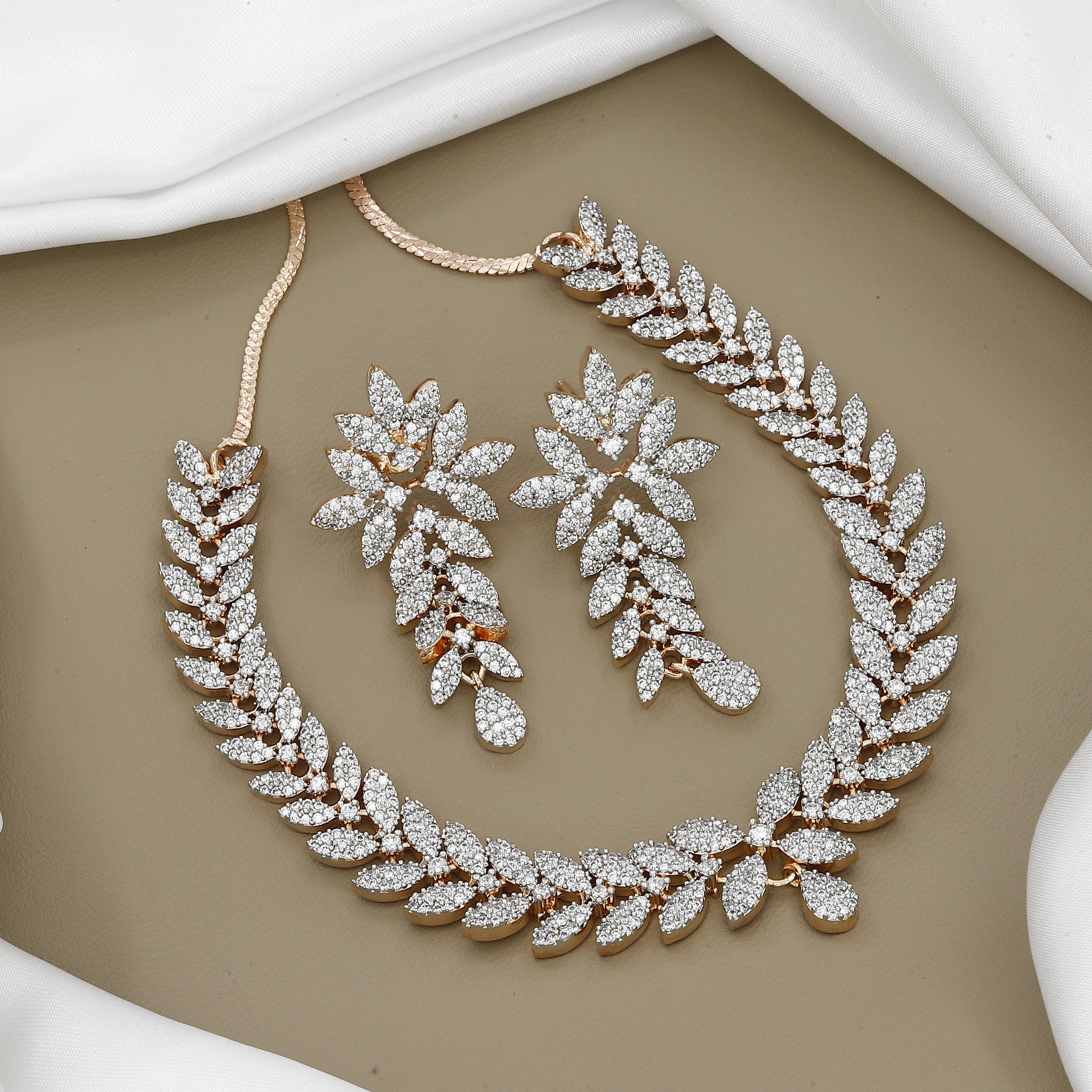 Rose Gold-Toned Zirconia Leaf Necklace and Earring Set