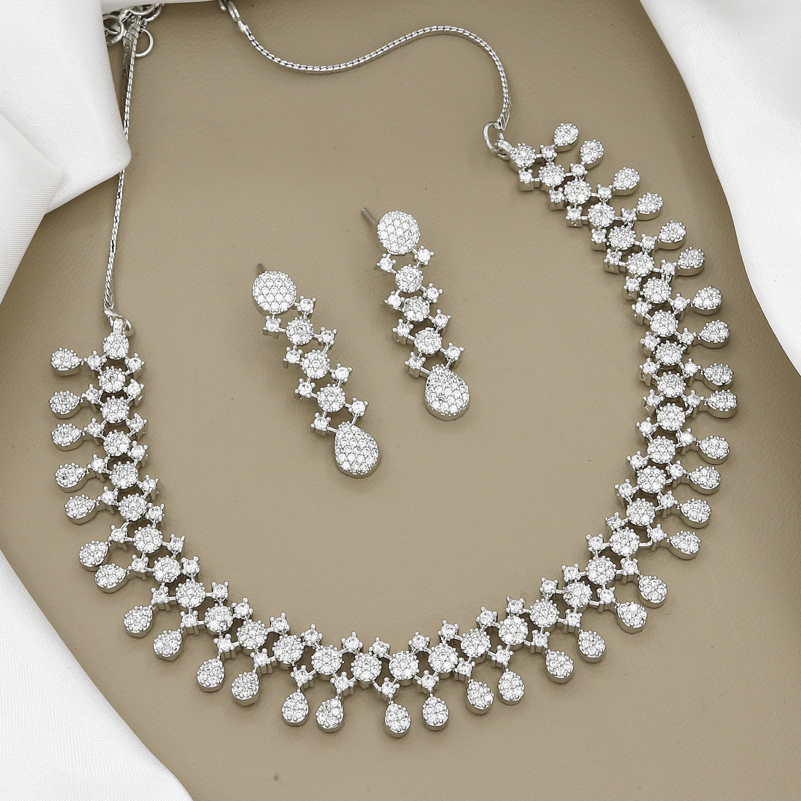 Sparkling Silver-Toned Zirconia Circle Necklace and Earring Set